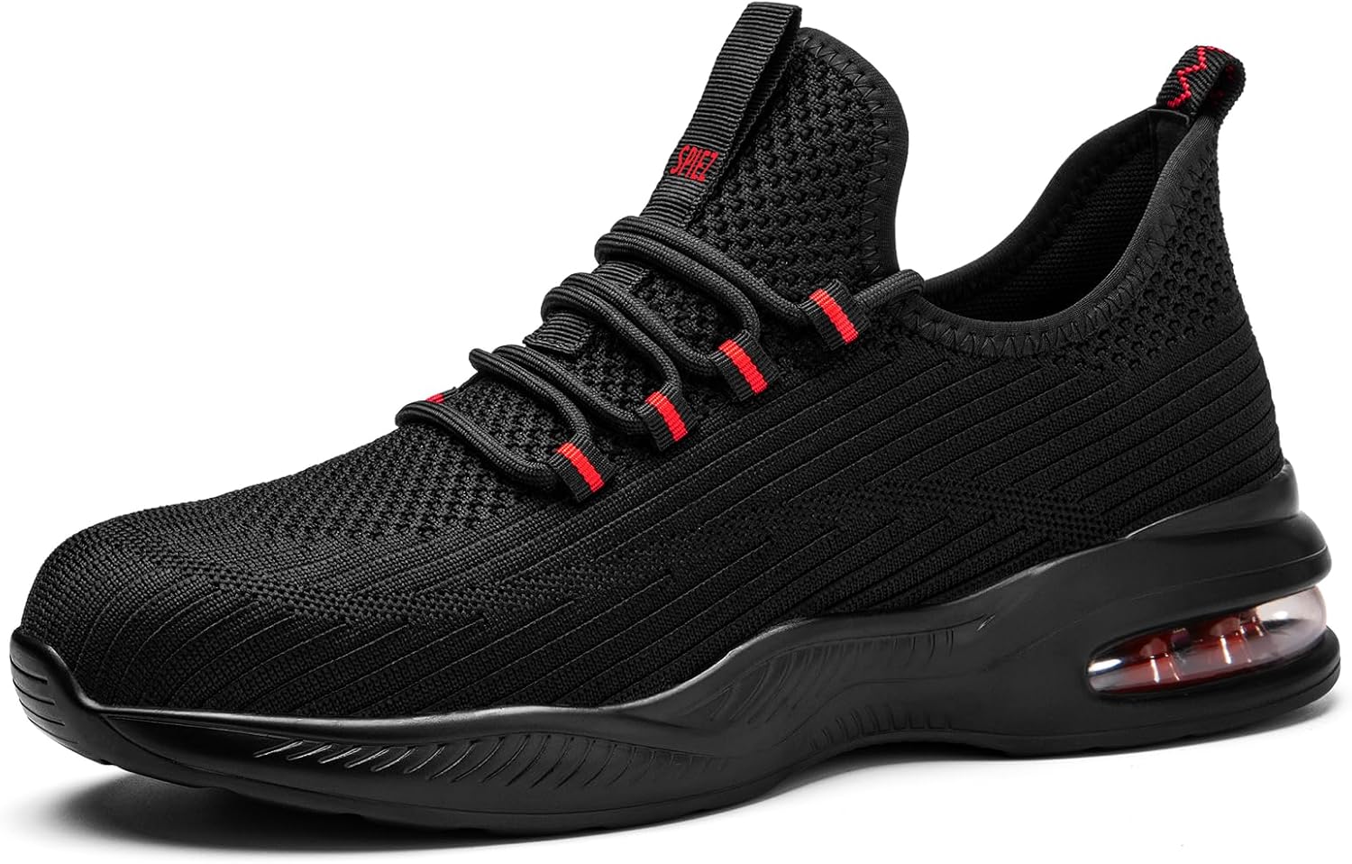 SPIEZ Safety Shoes for Men & Women, Lightweight Air Cushion Slip-On Work Trainers with Composite Toe Cap, Black/Red UK 4-11.5