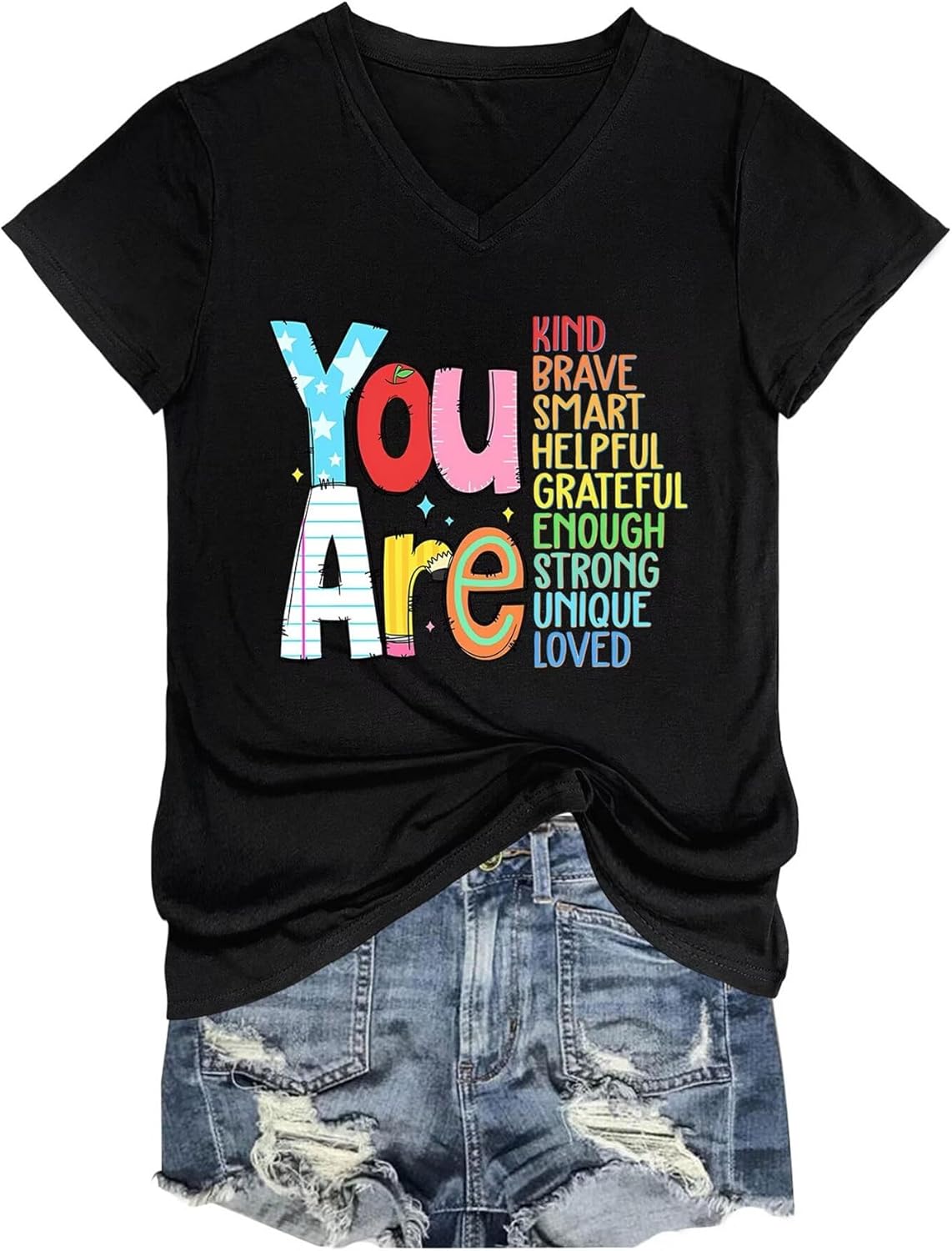 Teacher Shirts Women Inspirational Teacher V Neck Tshirts Positive Back to School Graphic Tees Short Sleeve Tops