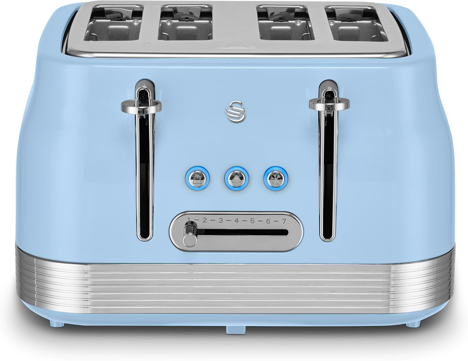 Swan ST19029BLU Retro 4 Slice Toaster, 7 Browning Levels, Removable Crumb Trays, Defrost, Reheat and Cancel Functions, Hidden Cord Storage, Non-Slip Feet, 1860W, Blue
