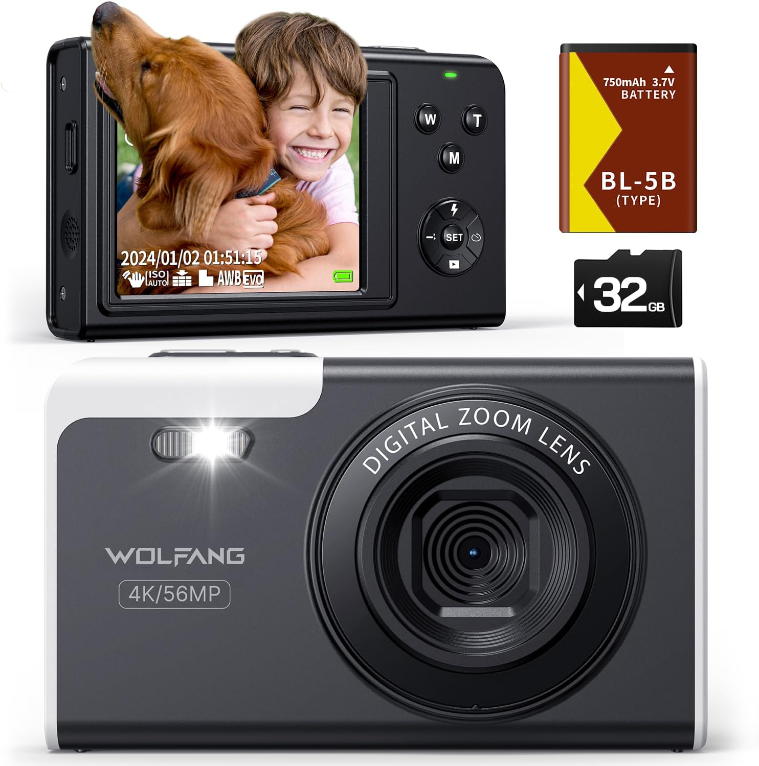 WOLFANG Digital Camera, 4K Kids Camera for Photography, 56MP Compact Vlogging, 16X Digital Zoom, Auto Focus Point and Shoot Digital Cameras, Gift for Students Teens