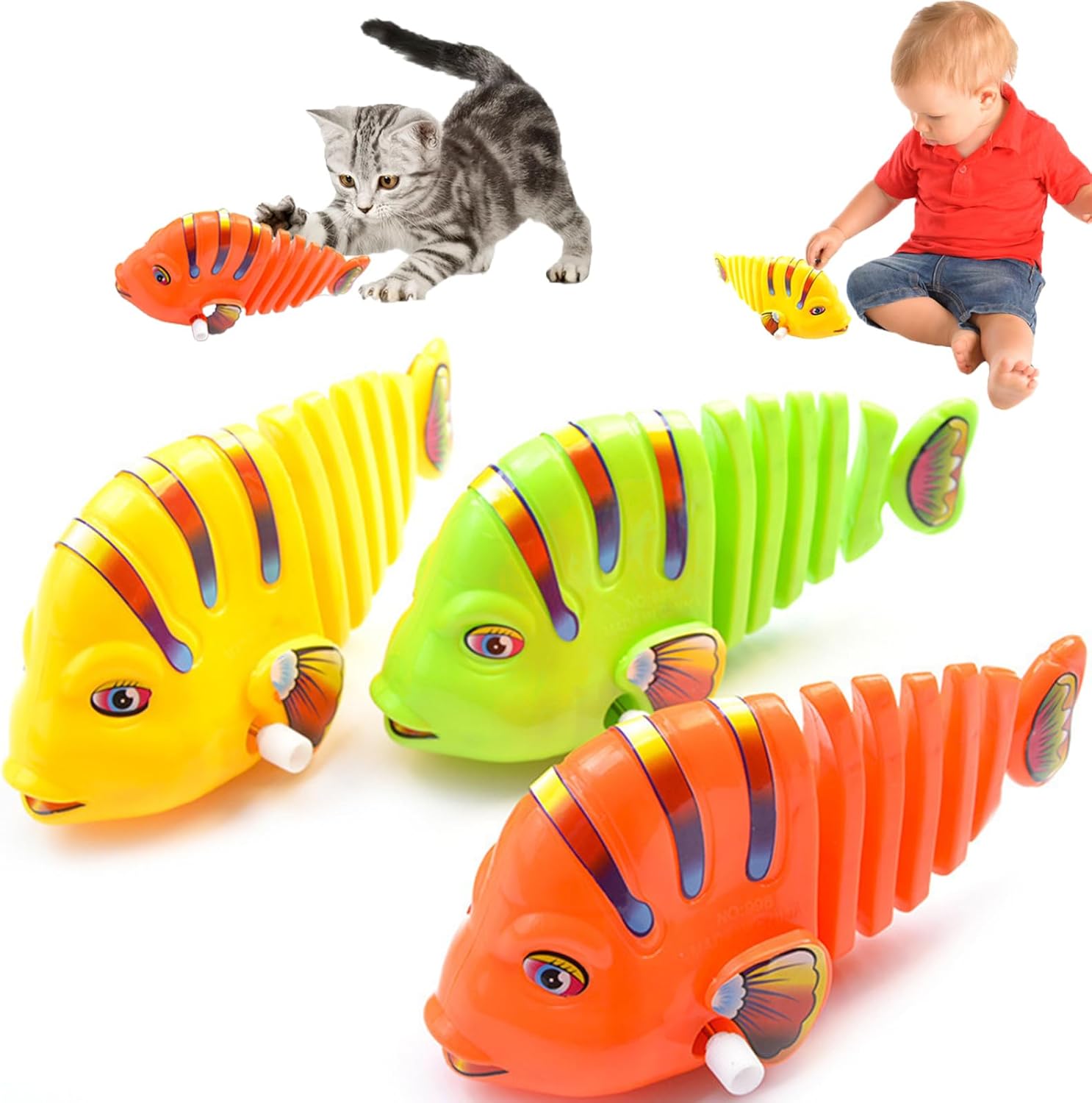 3-Piece Clockwork Swinging Cartoon Fish Toys - Plastic Wind-Up Wiggle Fish, 360 Rotating
