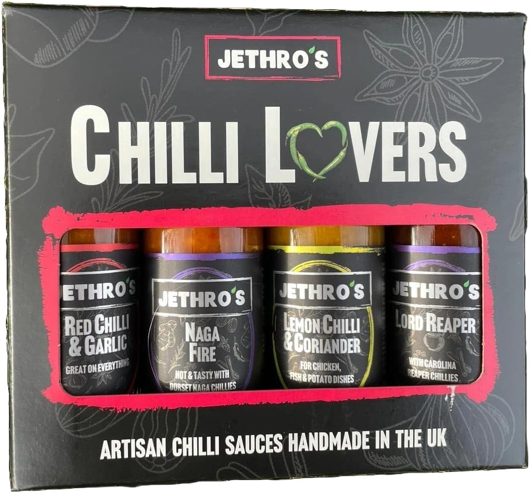 Jethro's | Marinades & Sauces | Artisan Chilli Sauce Gift Set | Hot & Fiery Sauce | 4 Great Flavours | Vegetarian & Vegan Friendly | No Onions/Tomatoes | 4x100ml of our Most Popular Chilli Sauces