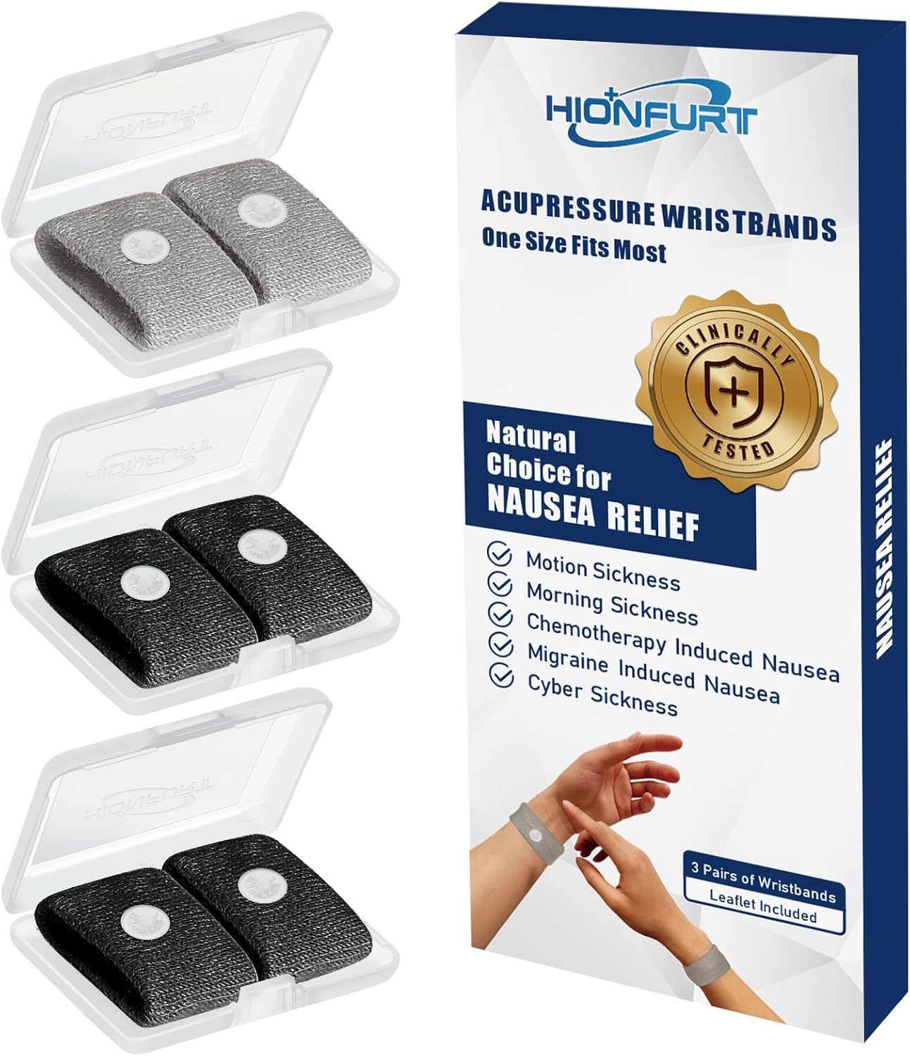 Motion Sickness Bands Anti Nausea Wristband for Adult and Kids Morning Sickness Relief for Pregnant Women Acupressure Nausea Relief for Car, Sea, Air Sickness - 3 Pairs Grey, Black, Black