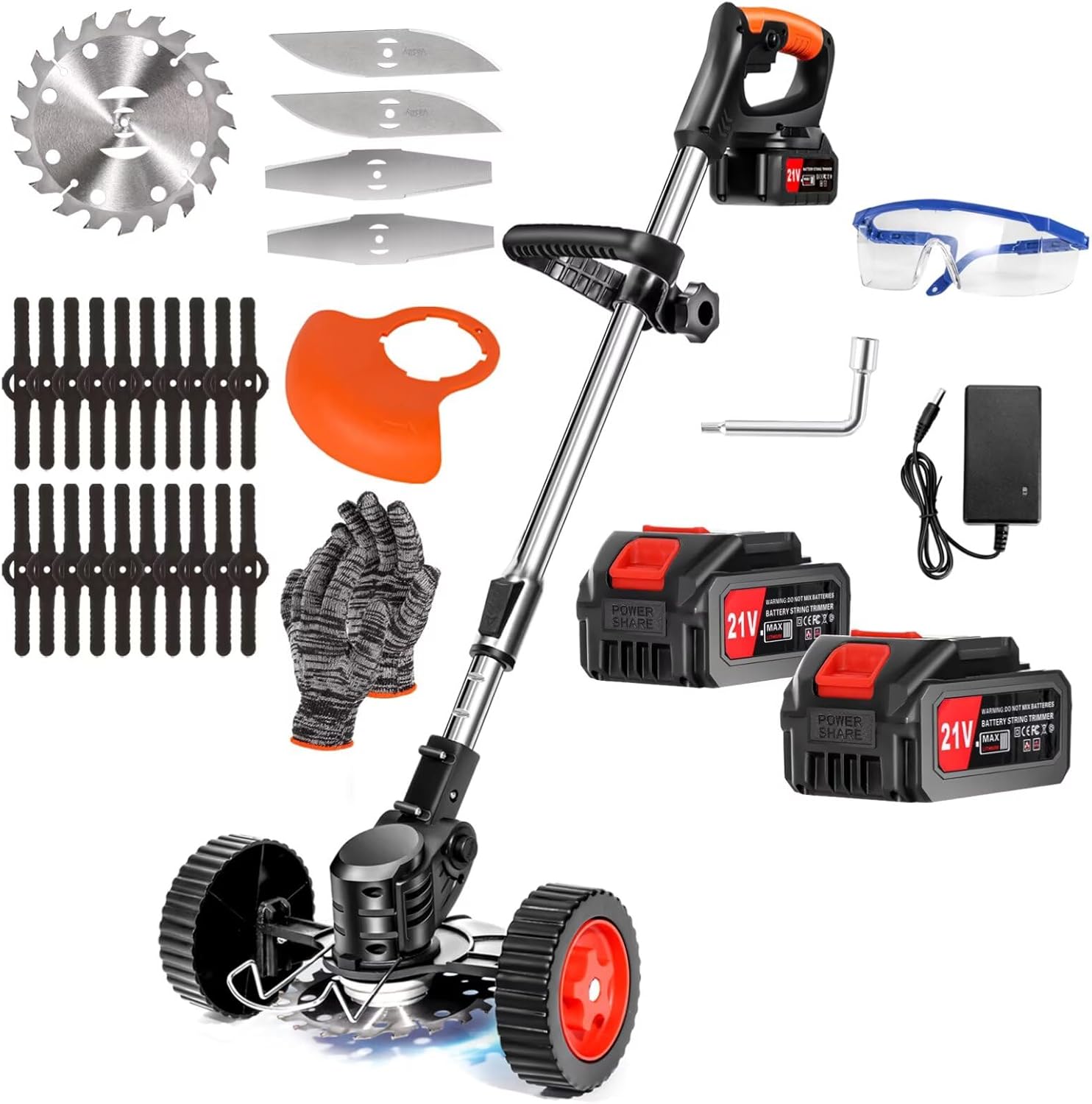 Cordless Strimmer, 21 V Electric Garden Strimmer, 2 Pcs 4.0 Ah Battery Strimmer with 1 Charger, Lightweight Grass Trimmer, Metal Blade Strimmer Cordless, Brush Cutter For Lawn Garden Maintenance