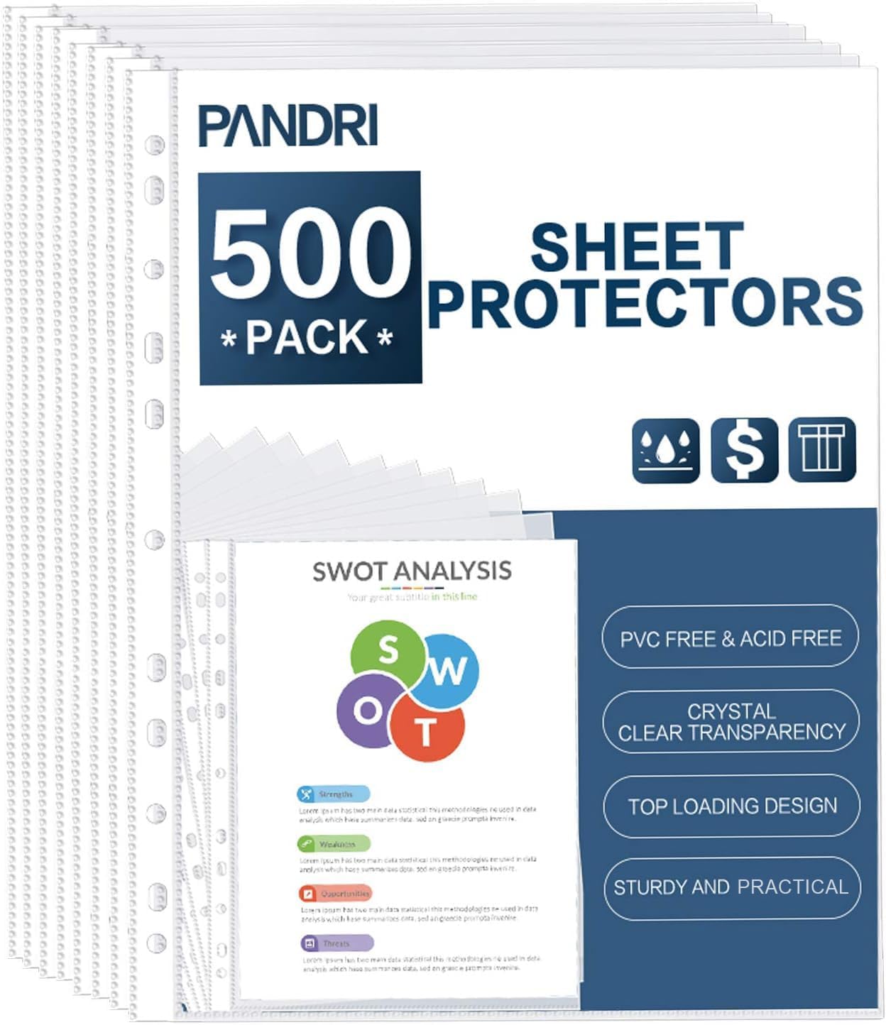 Sheet Protectors, PANDRI 500 Pack Clear Heavy Duty Plastic Page Protectors Sheet Reinforced 11-Hole Fit for 3 Ring Binder Fits Standard 8.5 x 11 Paper, 9.25 x 11.25 Top Loaded, Excluding Acid