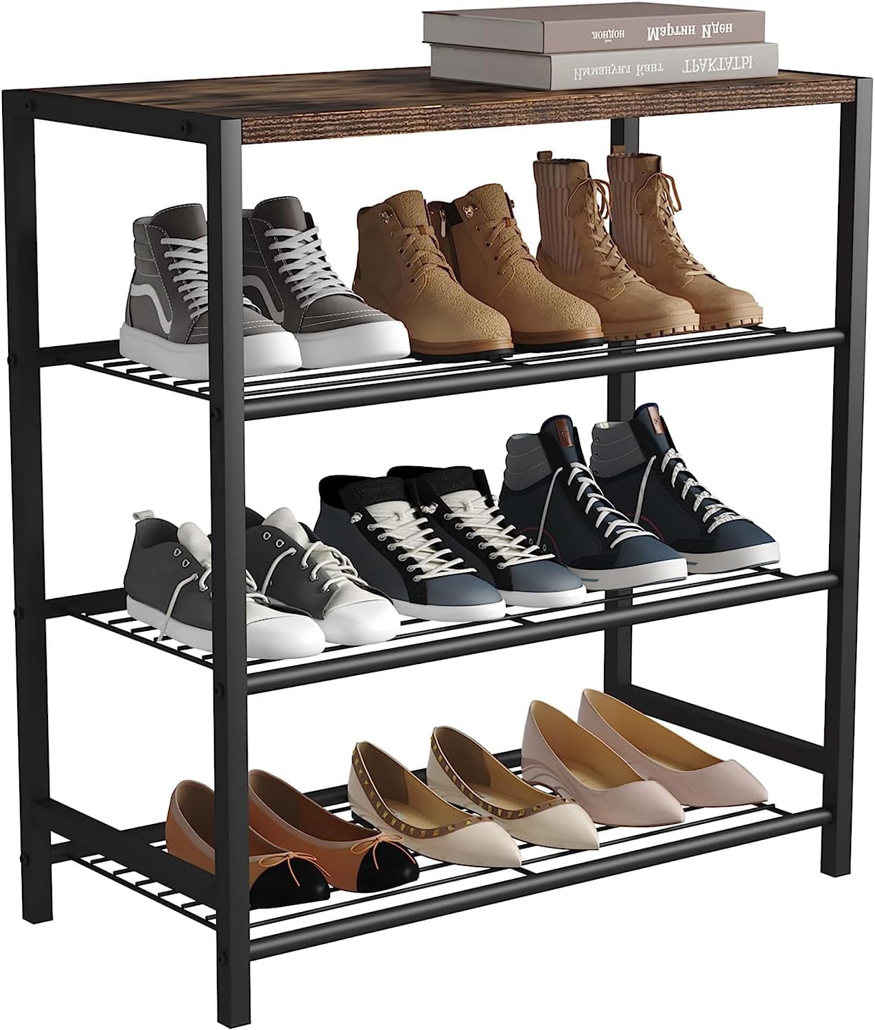HOME BI 4-Tier Industrial Shoe Rack,Metal Shoe Storage Organizer Shelves with Stable Metal Frame, Shoe Organizer for Closet, Hallway, Entryway, Living Room, Rustic Brown