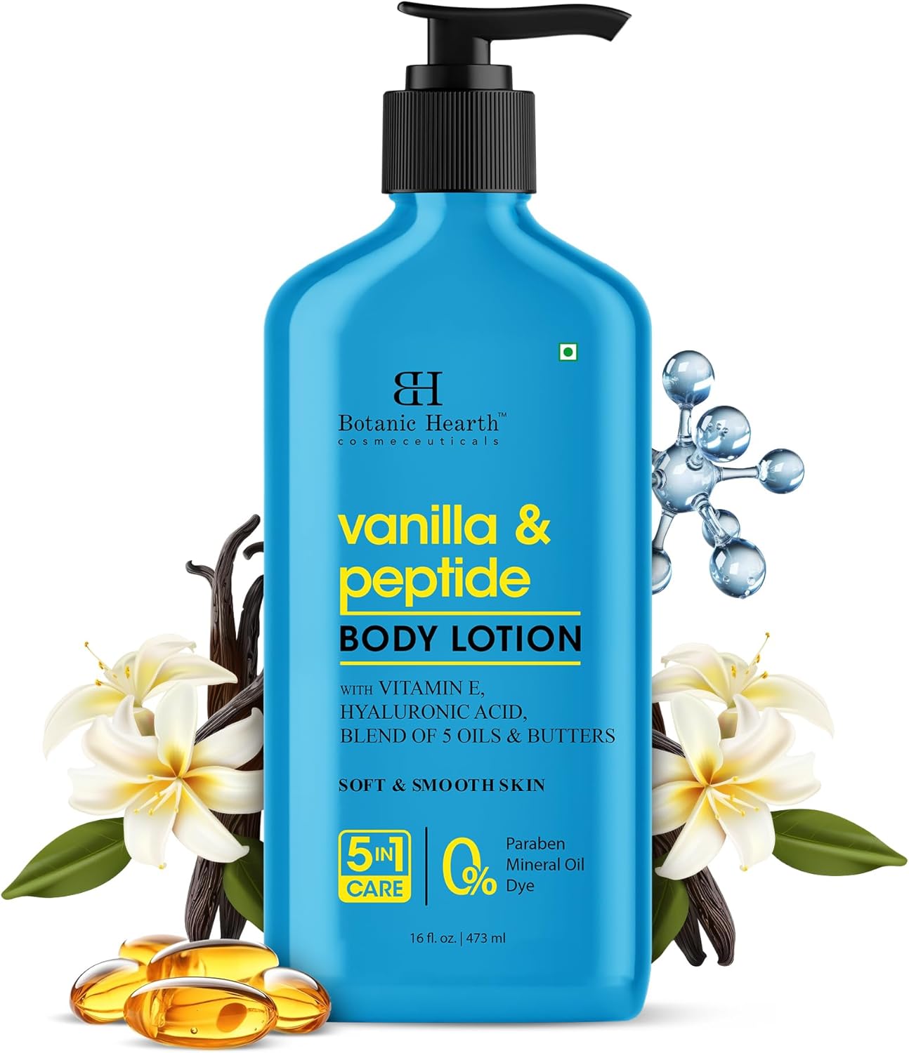 Botanic Hearth Vanilla & Peptide Body Lotion 16 fl oz | Soft & Smooth Skin | 5 Oil Blend & Butters | 5-in-1 Care | Paraben Free, Dye Free | Daily Moisturizing Lotion for All Skin Types