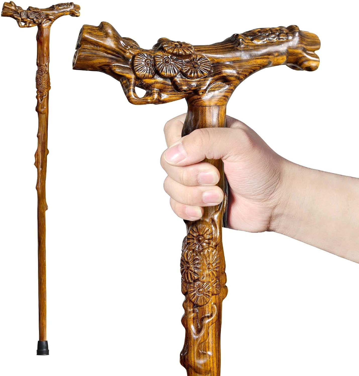 Hand-Carved Wooden Walking Cane for Men Women with Massage