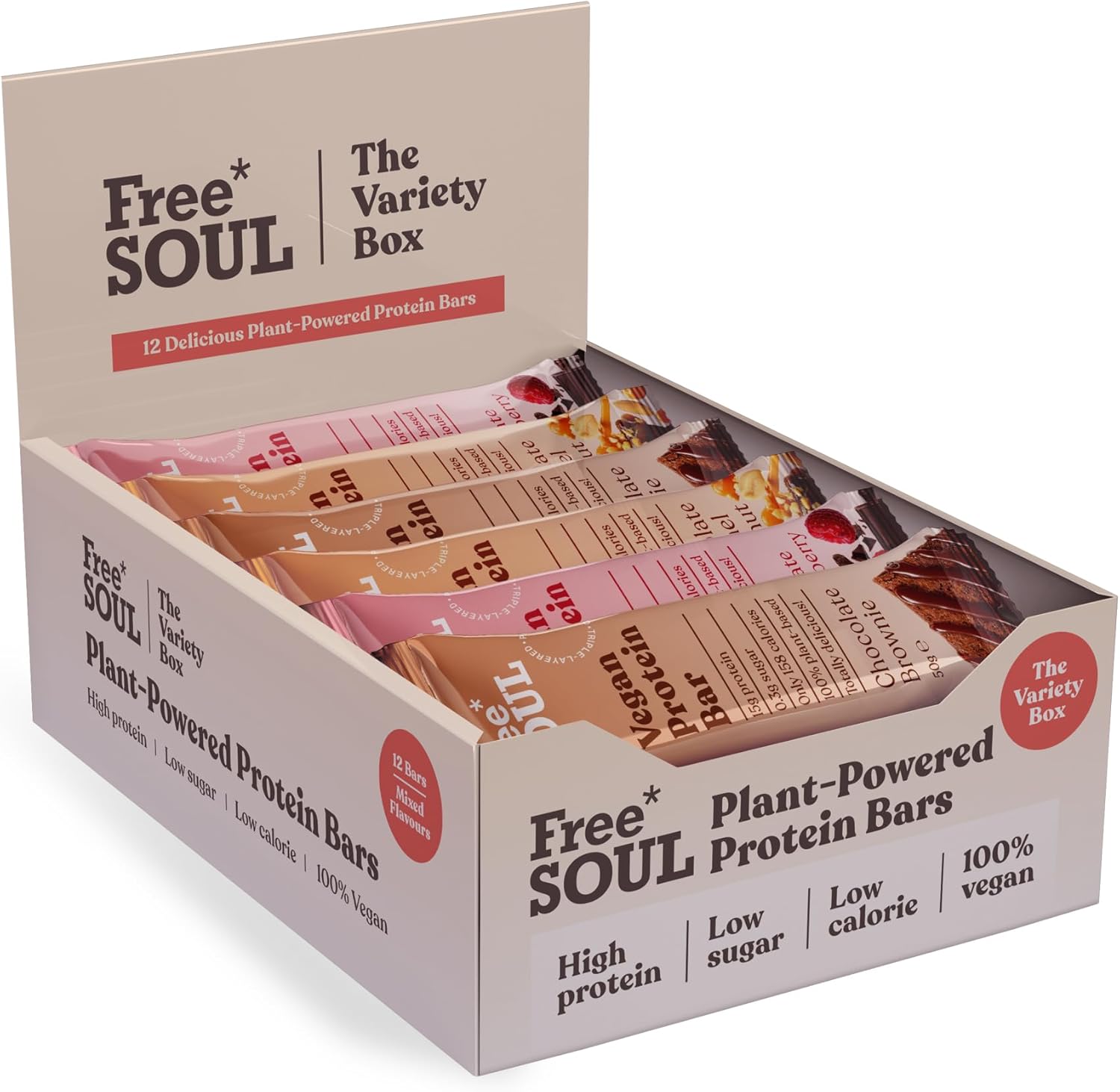 Vegan Protein Bars 12 x 50g | Plant Based Chocolate Protein Bars | Delicious Dairy Free, Low Sugar, Low Carb Bars | Sucralose Free, Gluten Free | 15g of Protein per Bar | Free Soul