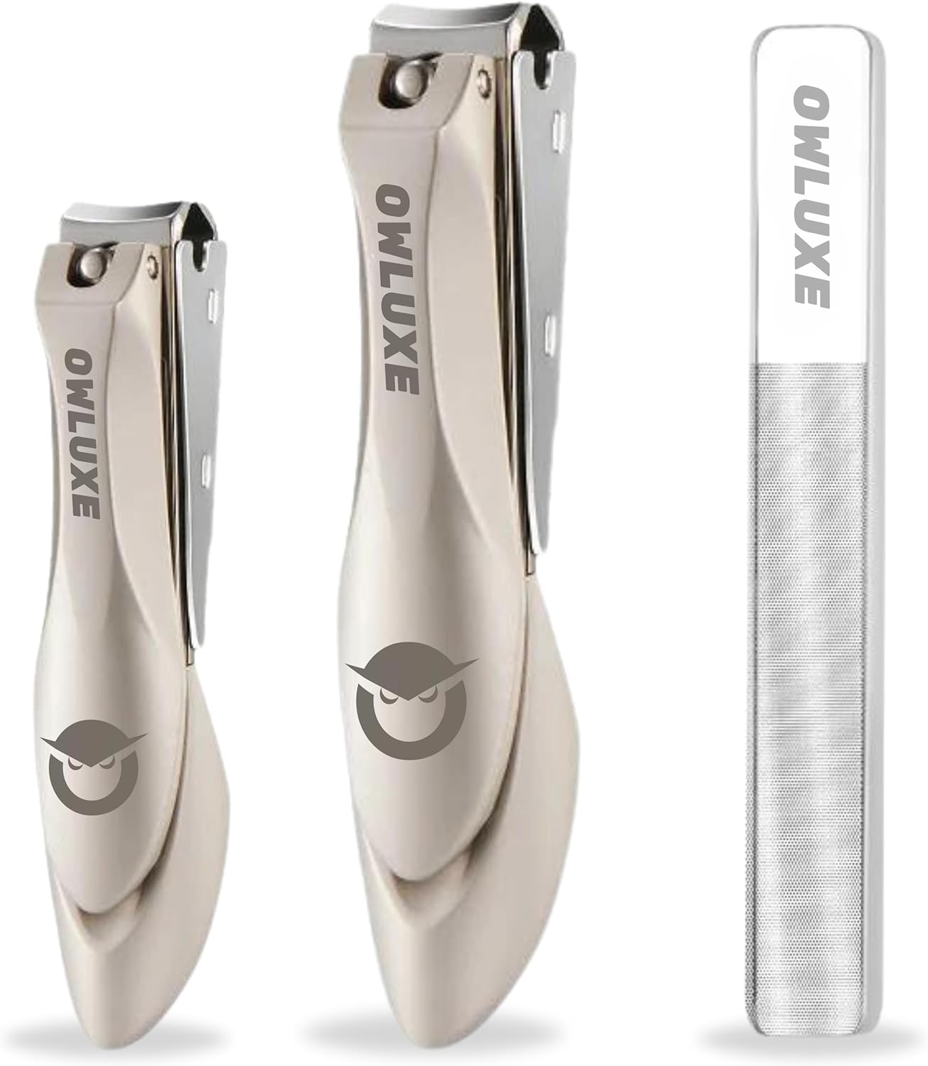 Heavy Duty Nail Clippers Set 3 with Catcher, Wide Jaw Ultra Sharp Edge Fingernail & Toenail Clippers for Thick Nails, Includes Nail Files, Complete Nail Kit by Owluxe in Gift Box for Men and Women