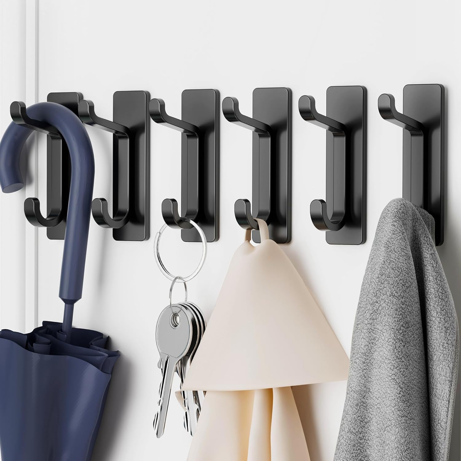 6-Pack Stick on Hooks for Hanging, Extra Sticky 6KG (Max), Coat Hooks for Door Self Adhesive, Metal Stainless Heavy Duty, for Towel Coat Hat Purse in Bathroom Shower, Black