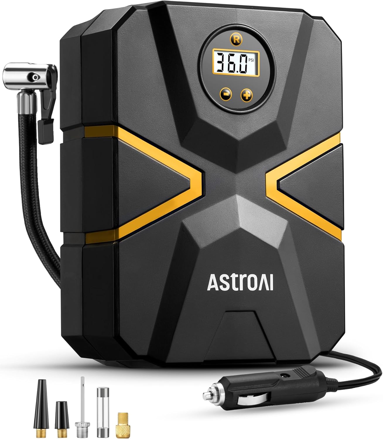 AstroAI Tyre Inflator Air Compressor 12V DC, Digital Car Tyre Pump 150 PSI, Preset Tyre Pressure & Auto Shutoff, Electric Air Pump for Car Tyres, Bicycles, Other Inflatables (Black&Yellow)