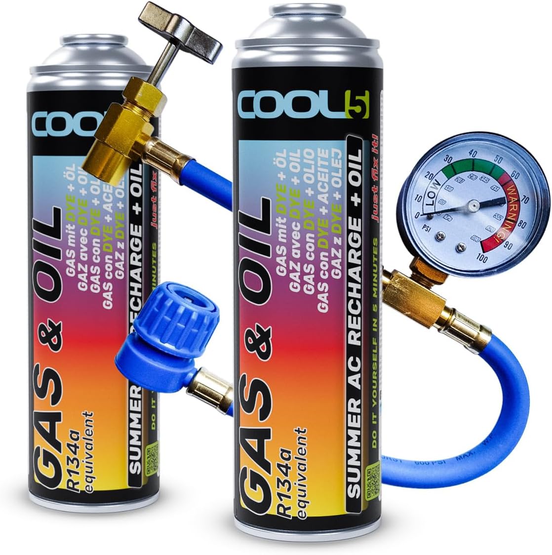 Cool5 Full Kit AC 2-in-1 (2 Cans 2-in-1 290 g R134a Cars 1995-2016 + Hose)
