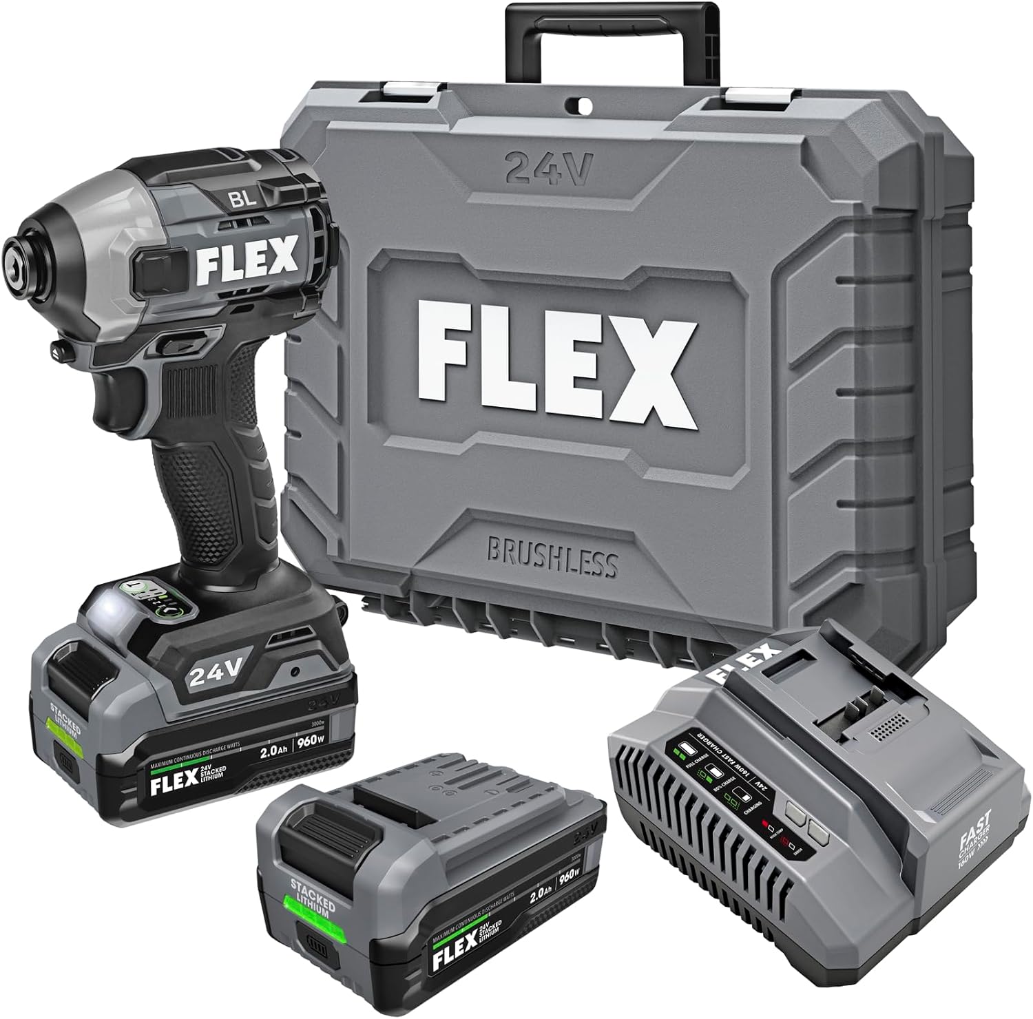FLEX 24V Brushless Cordless 1/4-Inch 2,500 In-Lbs Torque Quick Eject Hex Impact Driver Multi-Mode Kit with (2) 2.0Ah Lithium Batteries and 160W Fast Charger - FX1371A-2K