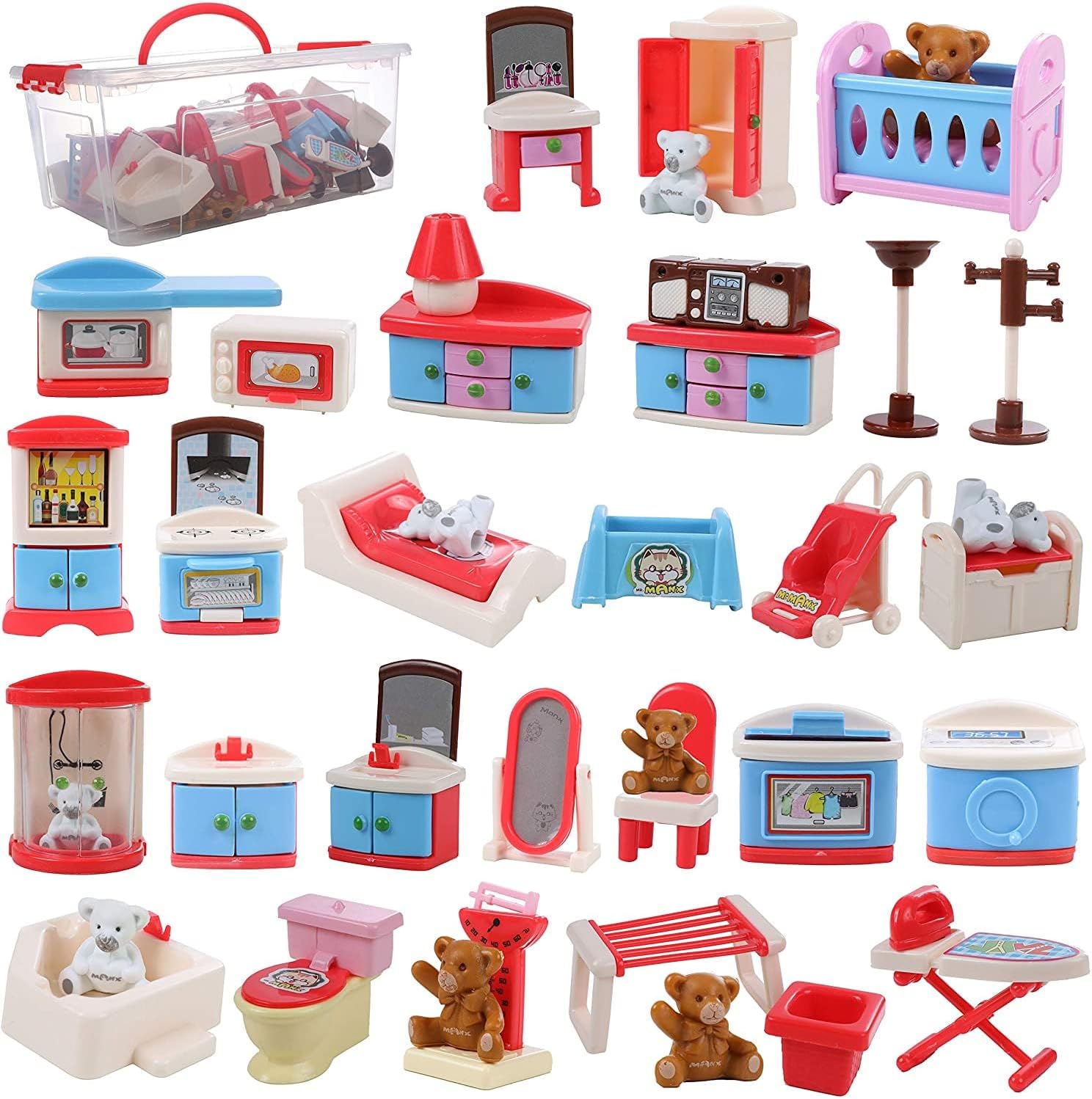 Beverly Hills Doll Collection Dollhouse Accessories Furniture and Accessory Set, All in one Bedroom, Kitchen, Laundry Room, and Bathroom 46 Piece Mega Set in a Storage Container