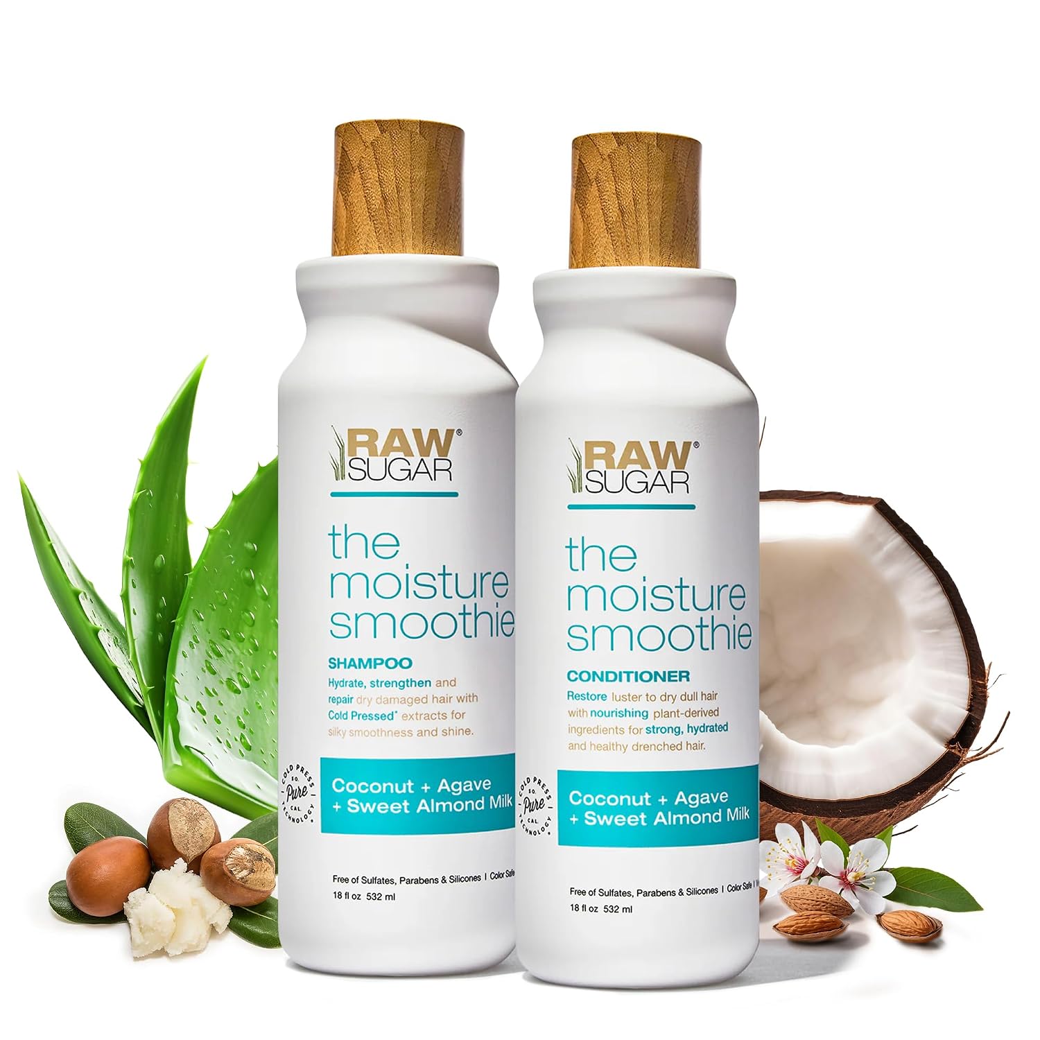 Raw Sugar Moisture Smoothie Shampoo and Conditioner with Coconut Oil, Agave, & Sweet Almond Milk, Hydrates & Nourishes Dry Hair, Formulated without Sulfates + Parabens
