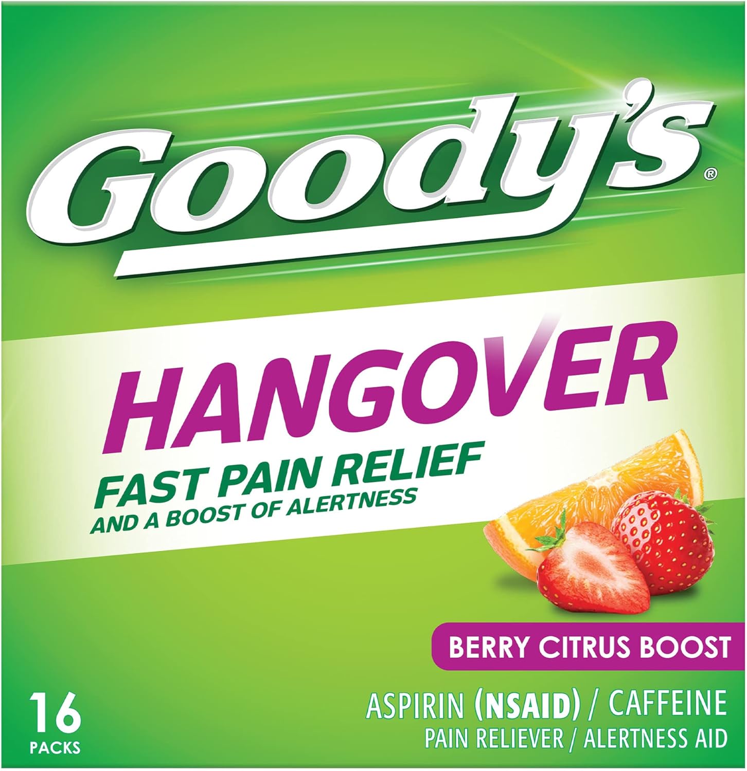 Goody’s Hangover Relief Powder, Headache Relief with Aspirin and Caffeine for Alertness, Berry Citrus Flavor Dissolve Packs, 16 Count