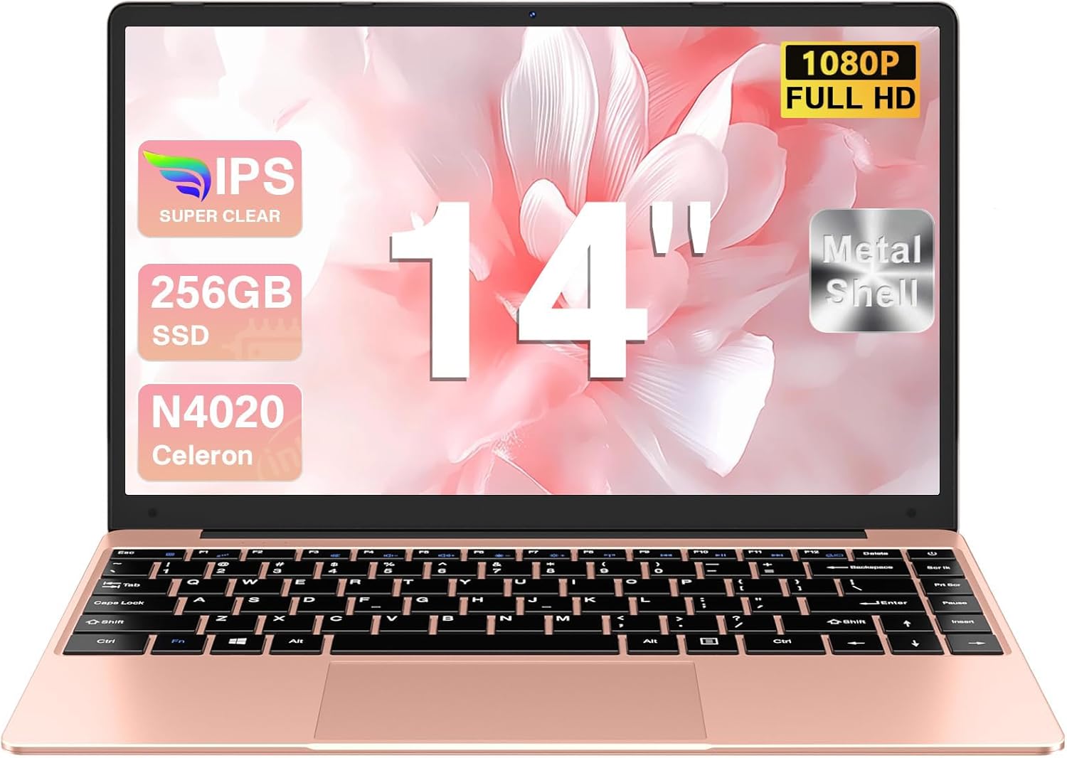 14" Win 11 Traditional Laptop 256GB SSD Support SSD 1TB 512GB TF Expand Celeron N4020 Laptops 1920x1080 FHD Mini HDMl 2.4G+5G WiFi BT 4.2 512GB TF for Business and Students-Gold