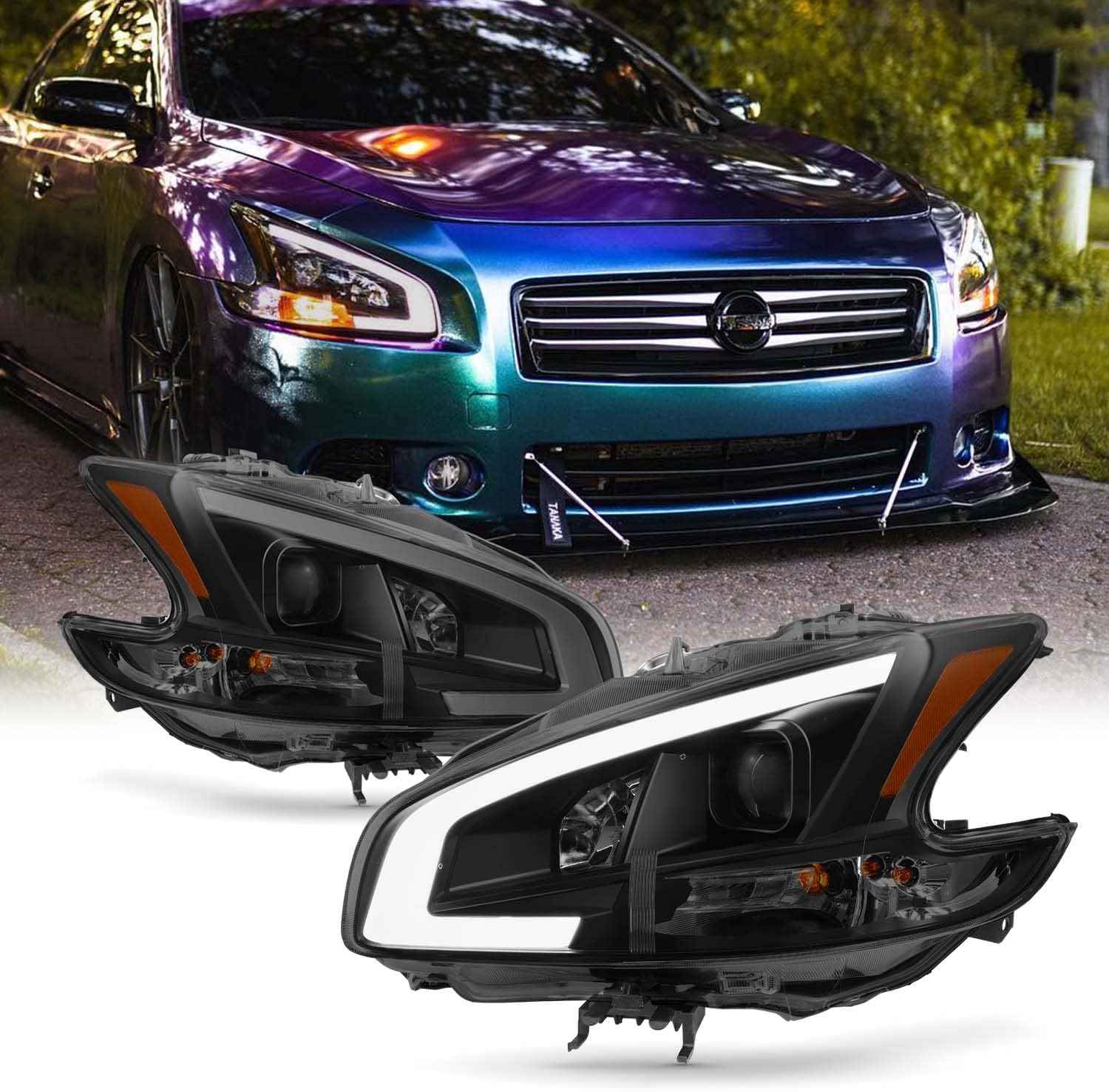 AKKON - Fits 2009-2014 Nissan Maxima LED DRL Light Tube Projector Headlights Headlamps - Black Smoke Housing