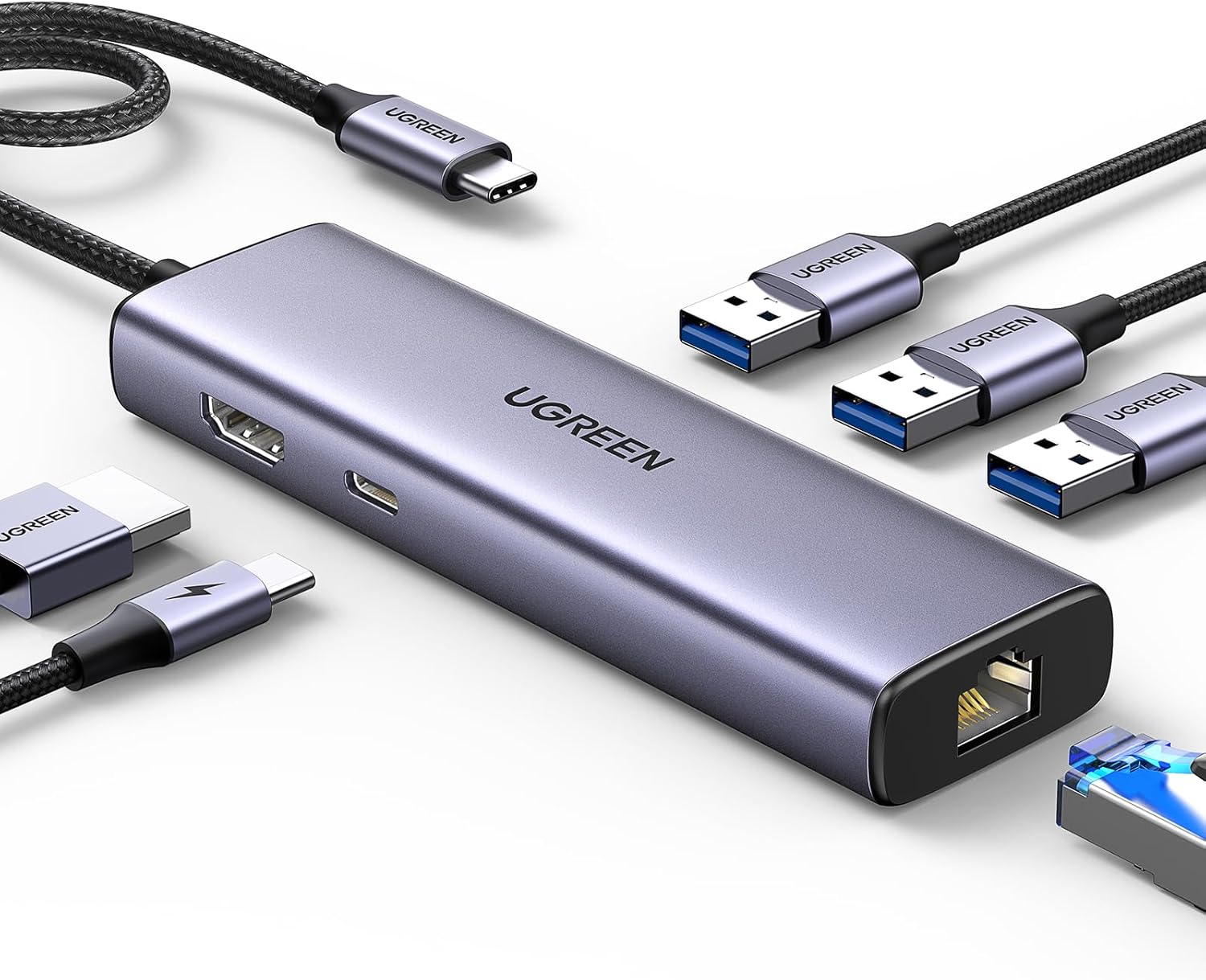 UGREEN Revodok USB C Hub Ethernet, 6-in-1 USB-C Dock with 1000Mbps Ethernet, 4K HDMI, 100W PD, 3 USB-A 3.0 Data Ports, Multiport Adapter for MacBook Air M1/M2, iPhone 15 Pro Series, iPad, Surface, XPS