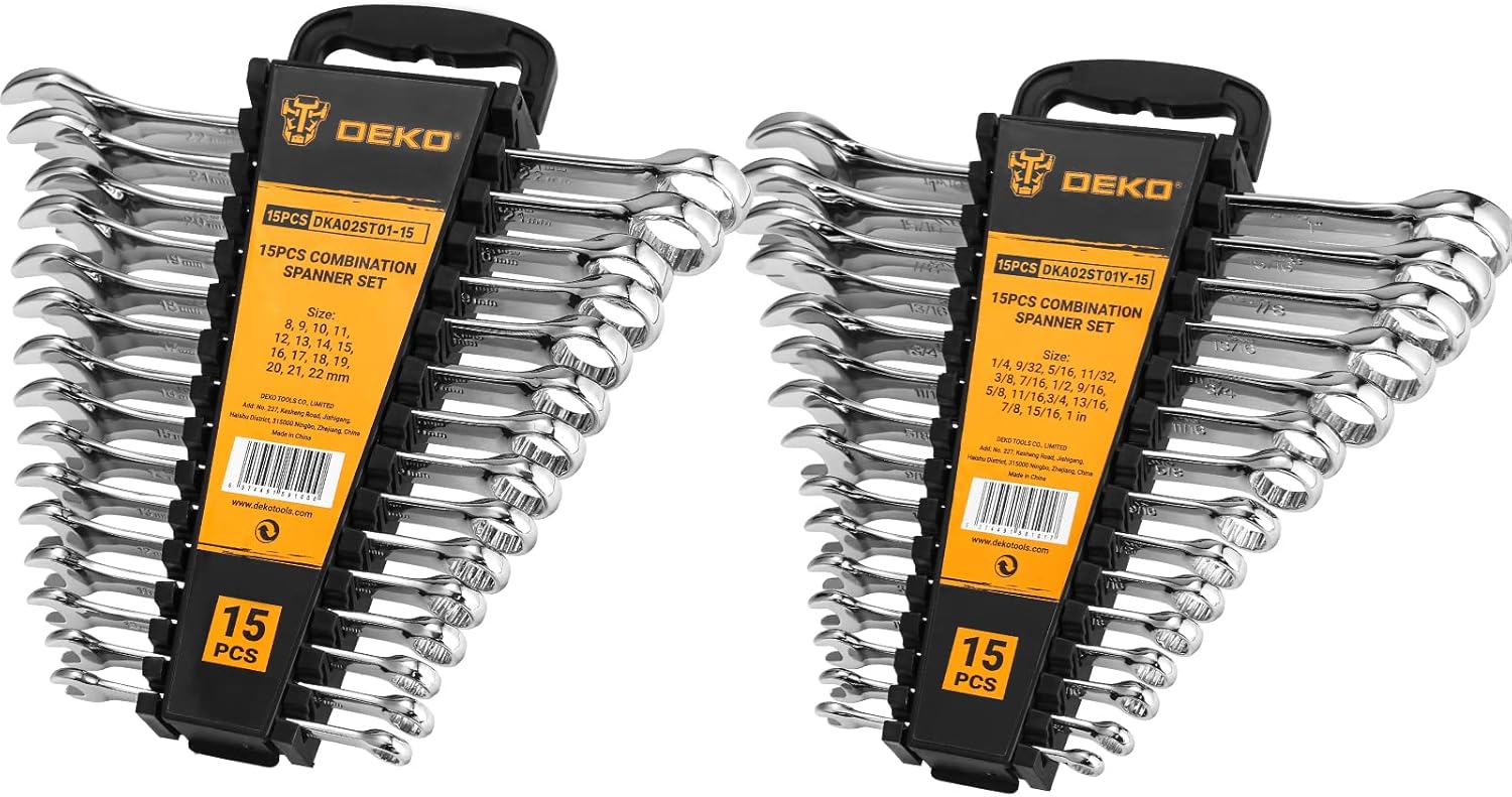 DEKOPRO Combination Wrench Set, SAE&Metric, 30-piece, 1/4'' to 1'' & 8-22mm, 12-Point, Chrome Vanadium Steel, with Plastic Tray