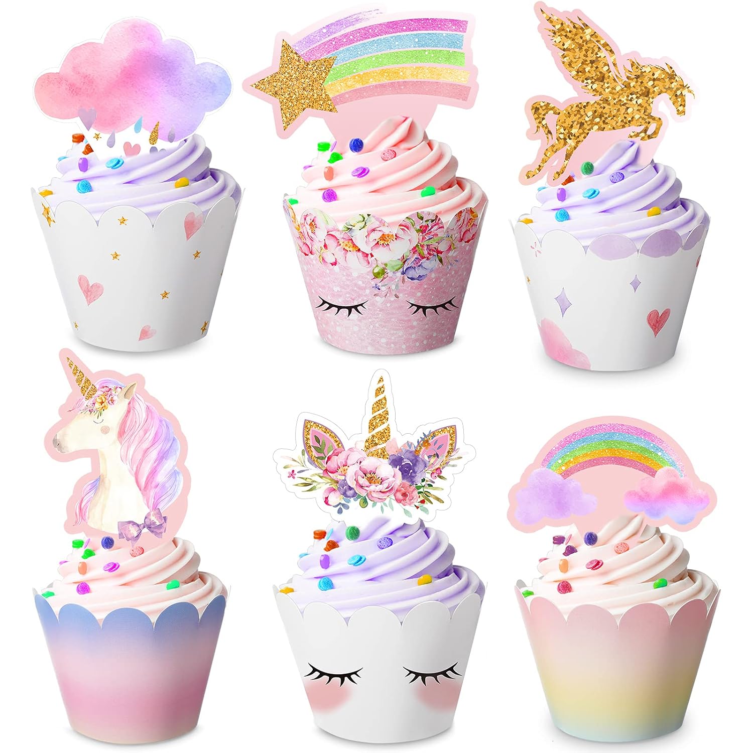 Censen 30 Pieces Unicorn Cupcake Toppers and Wrappers Decorations Unicorn Cup Cake Liners Rainbow Birthday Party Supplies Rainbow Topper Decorations for Girls Women Birthday Party