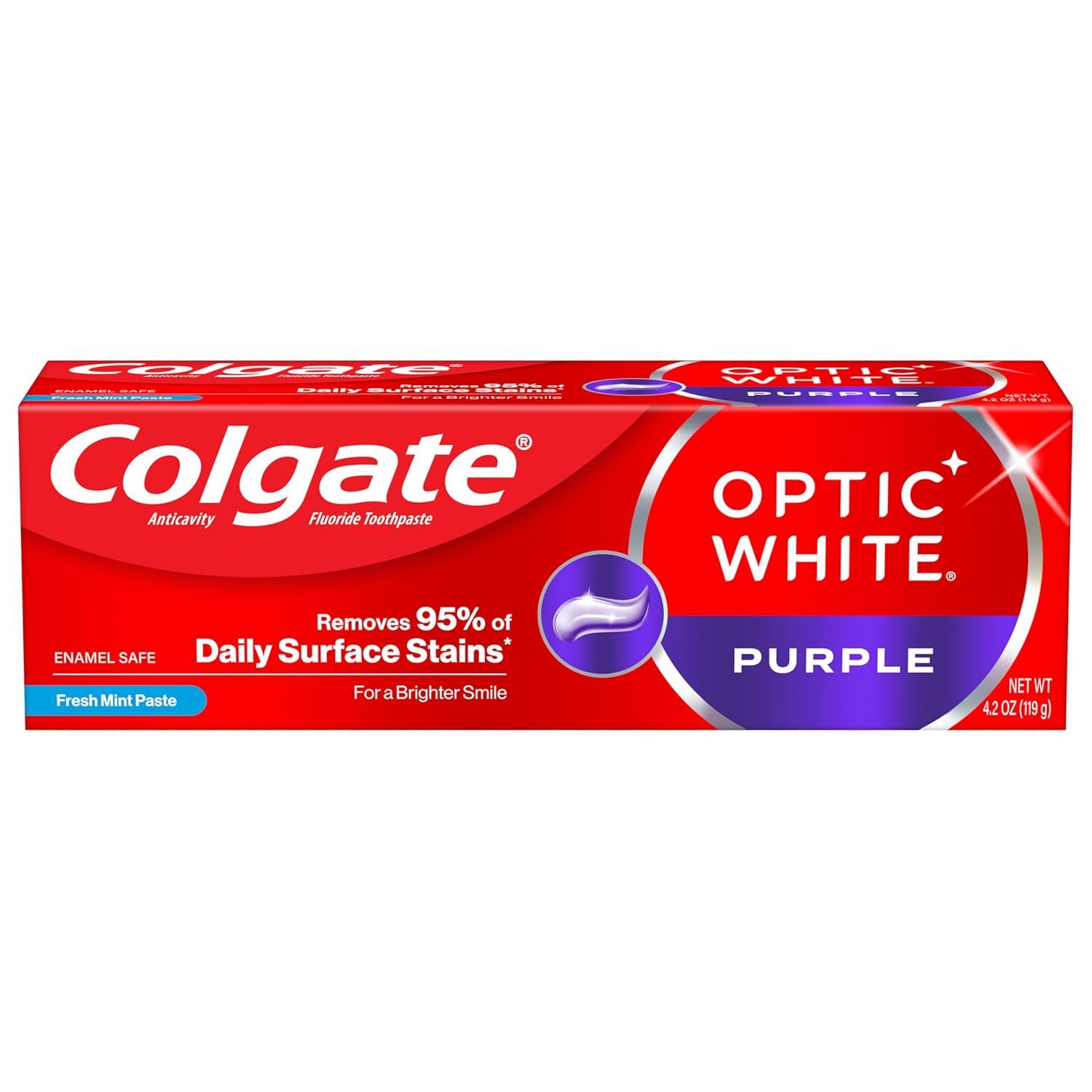Colgate Optic White Purple Toothpaste for Teeth Whitening, Helps Remove Surface Stains and Polishes Teeth, Enamel-Safe Mint Paste, 4.2 oz