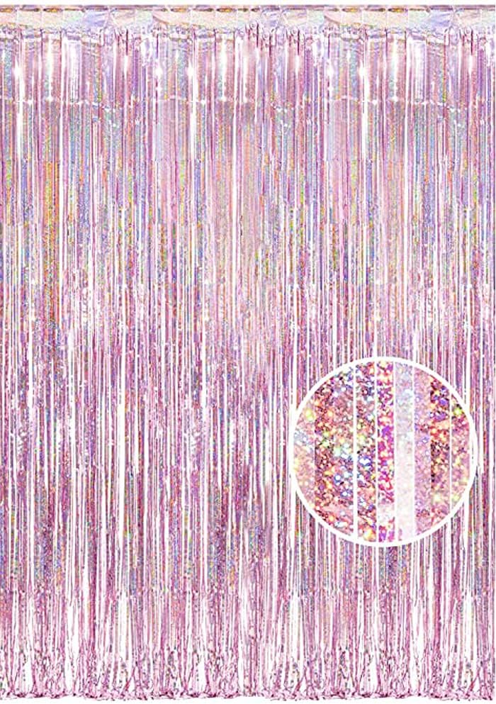 NAVK Pink Tinsel Party Decorations Foil Fringe Curtain, Sparkle Metallic Streamers for Birthday Party Wedding Backdrop-1x2.5m