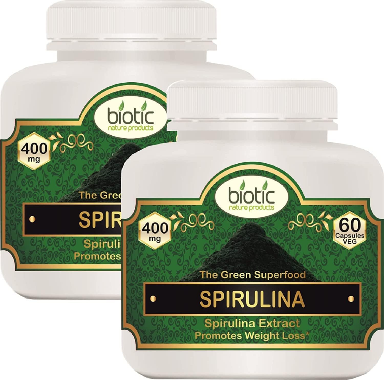 Veena Biotic Natural Spirulina Capsules - Spirulina Extract 400mg - 120 Veg Capsules (Pack of 2)