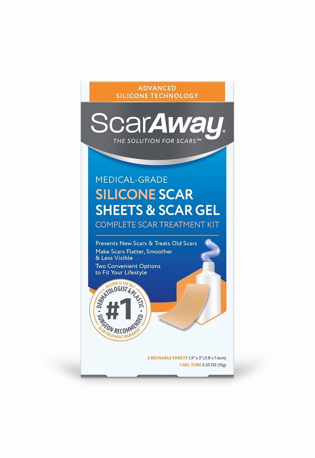 ScarAway Complete Scar Treatment Kit, Clinically Supported Treatment (Pack of 2) Tan Medical-Grade Silicone Scar Sheets (1.5" x 3") and Silicone Gel (0.35 Oz), Water-Resistant & Self-Adhesive