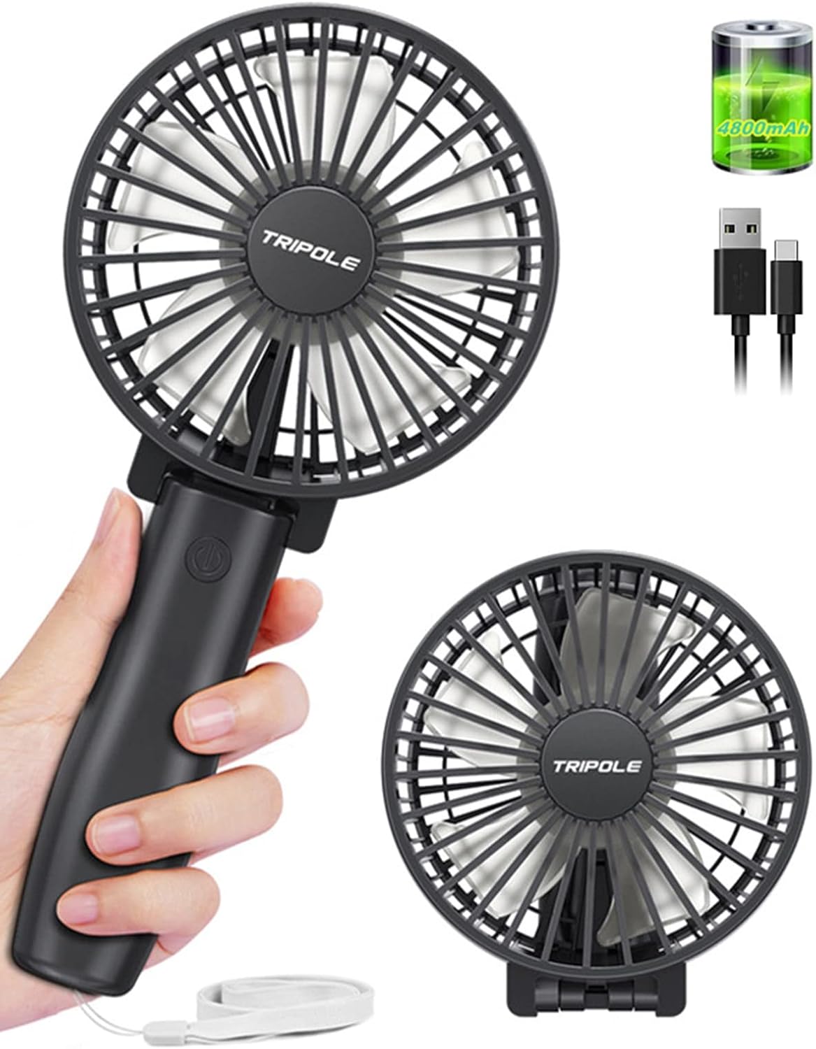 TriPole Handheld Desk Fan Rechargeable, 4000mAh Foldable Battery USB, 5-23hrs Personal Pocket Fan, 3-Speed Mini Handheld, 180° Adjustable Portable Fans for Indoor, Camp, Sport, Shop-Black