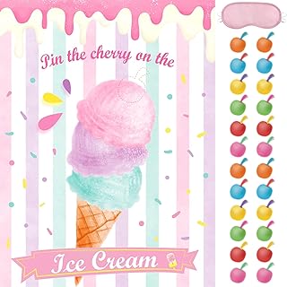 WERNNSAI Pin The Cherry on The Ice Cream Game - 21'' x 28'' Ice Cream Party Supplies for Kids Girls with 24 PCS Cherry Stickers Ice Cream Birthday Party Game Poster Wall Decor