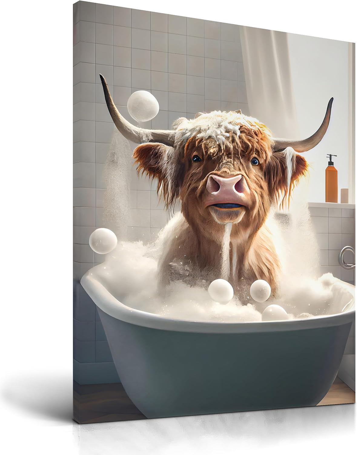 UPWOIGH Funny Bathroom Wall Art Decor,Highland Cow Wall Art, Waterproof Wood Framed Canvas Wall Art Bathing Animals Humor Abstract Prints, 12x16in High-end Pictures for Bedroom Kids Room 1 Pack
