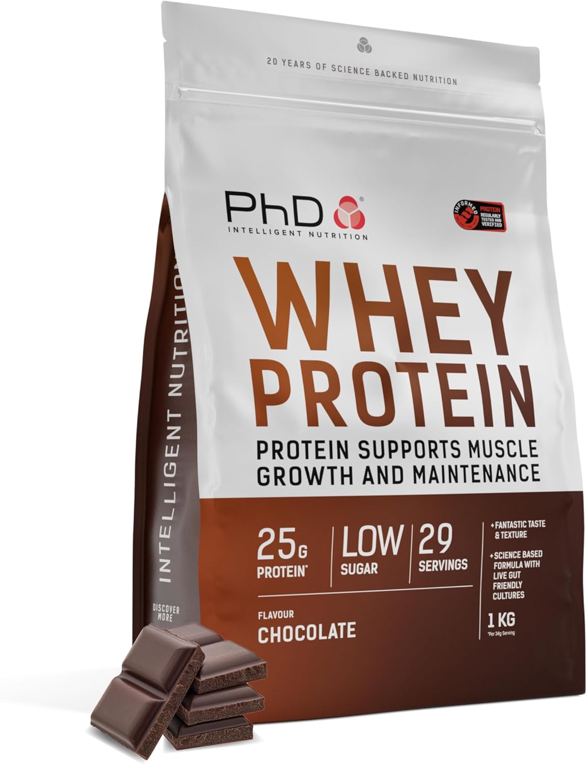 PhD Nutrition Whey Powder 1kg Chocolate – with 25g Informed Protein per Serving, enriched with Well-Tolerated Cultures