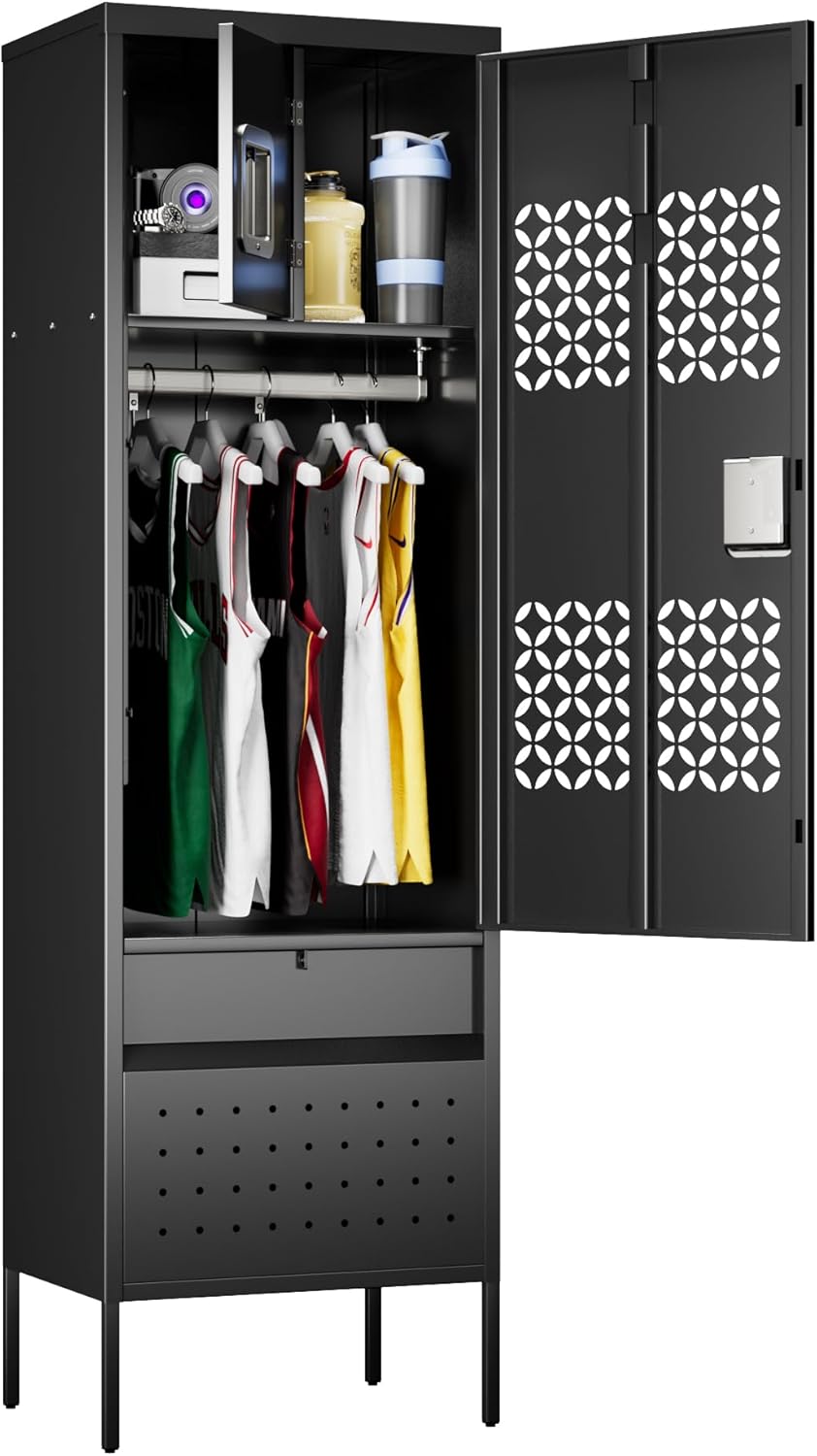 SUXXAN Metal Storage Lockers with Air Vents and Rod,Sports Locker with Lockable Door for School, Gyms, Homes Offices Assembly Required,Black,15.78" D x 21.7" W x 72" H