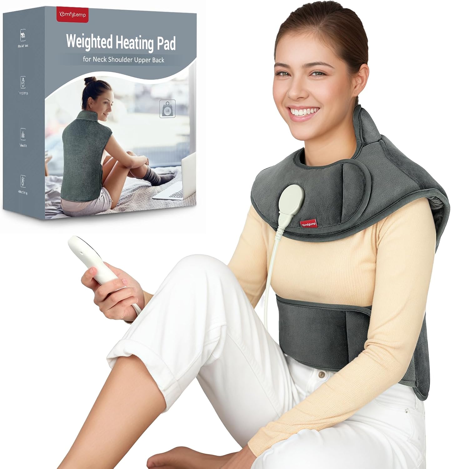 Comfytemp Far Infrared Weighted Heat Pad for Upper Back, Neck, Shoulder, Wearable Electric Heating Pad with 6 Heat Levels,Auto-Off Timer, Effective Heat Therapy for Deeper Muscle Tension, Cramp Relief