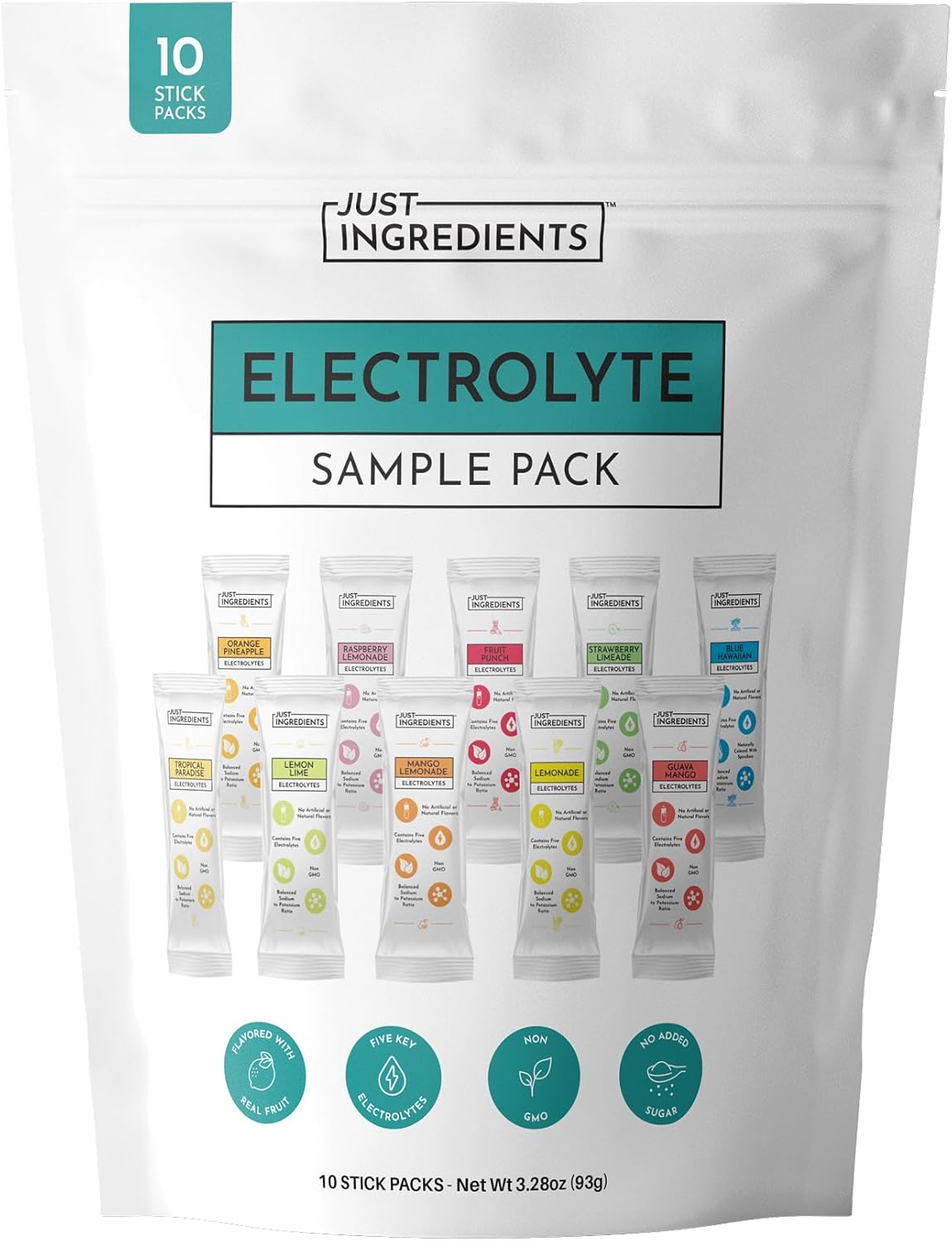 JUST INGREDIENTS Electrolyte Sample Pack – 10 Stick Variety | Hydration Powder Packets | Real Fruit Electrolytes | 3:1 Potassium to Sodium Ratio | No Sugar Added | Travel Drink Mix