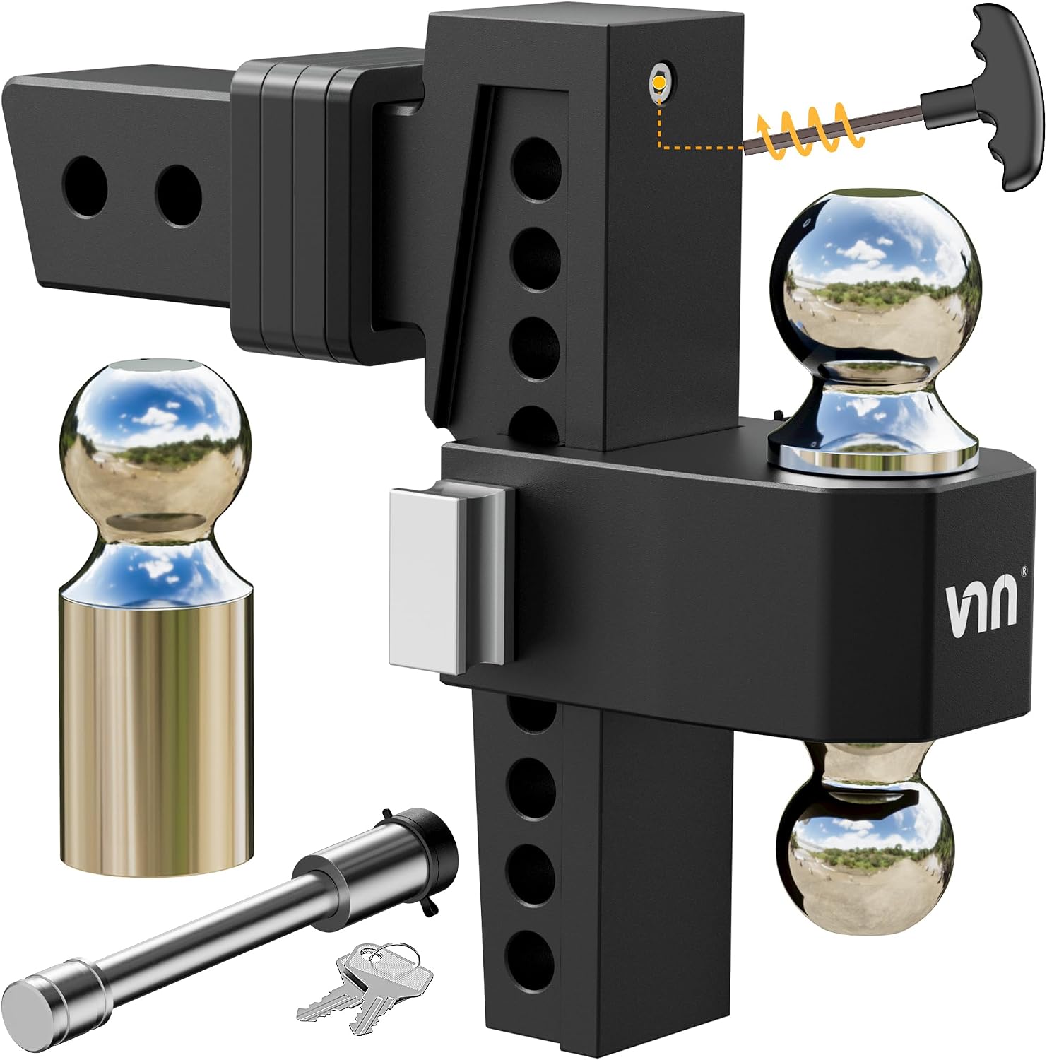 VNN Adjustable Drop Hitch, Dual-Ball(2'', 2-5/16'') Trailer Hitch, 8 Inch Drop Hitch, Fits 2.5 Receiver Hitch, 18,500 LBS GTW-Drop Hitch for Trucks, Heavy Duty Solid Ball Mount, Black, VN0007