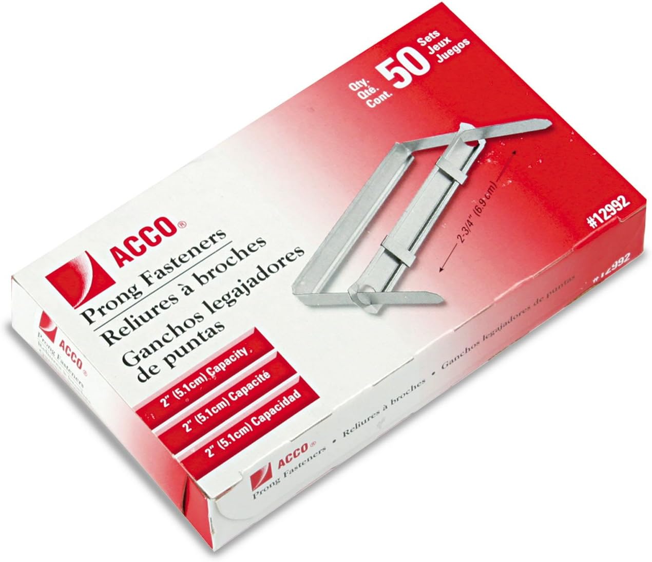 ACCO Economy Standard 2-Piece Paper Fasteners, 2 Inch Capacity, 2.75 Inch Centers, 50 Fastners/Box, 1 Box (12992)