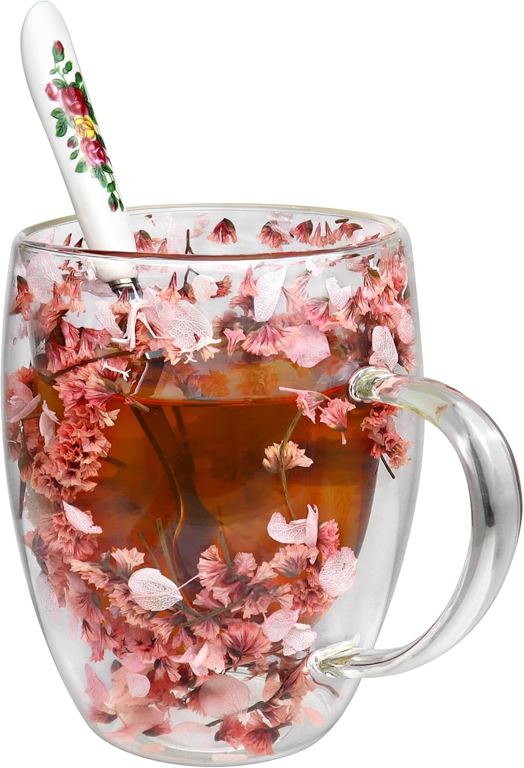 Dried Flowers Double Walled Coffee Glasses Mugs Tea Cup with Spoon 350 ML Insulated Heat Resistant Latte Macchiato Glass Cups for Coffee Tea Milk Juice Ice Cream Dessert Ideal for Hot and Cold Drinks