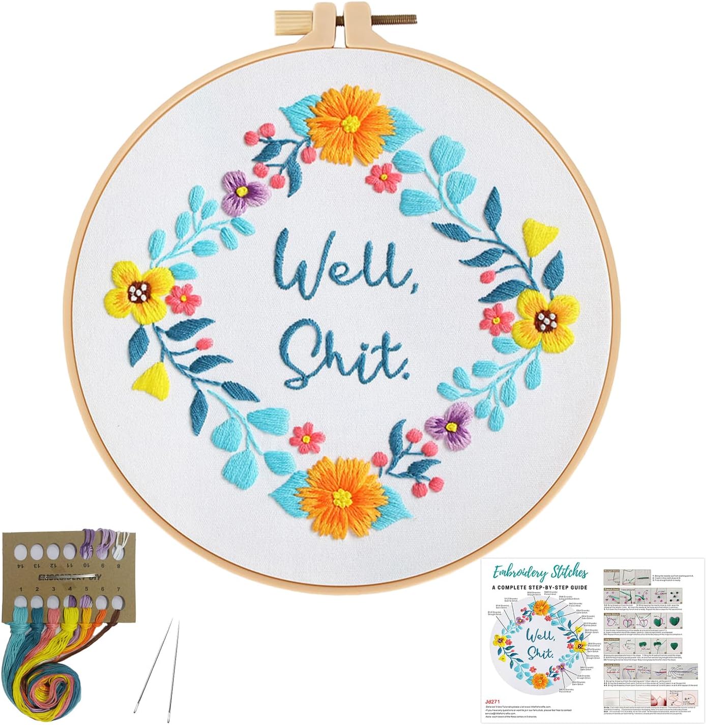 Louise Maelys Funny Embroidery Kit for Beginners,Adults Cross Stitch Kits with Flower Wreath Pattern,Needlepoint for Starters Including Cloth,Hoop,Instruction and Threads