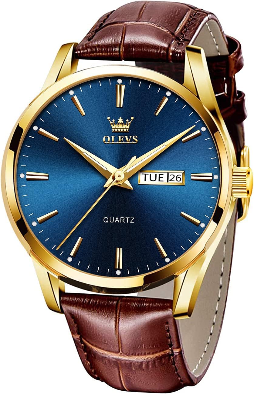 OLEVS Watches for Men Brown Leather Gold Case Analog Quartz Fashion Business Dress Watch Day Date Luminous Waterproof Casual Male Wrist Watches