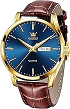 OLEVS Watches for Men Brown Leather Gold Case Analog Quartz Fashion Business Dress Watch Day Date Luminous Waterproof Casual Male Wrist Watches