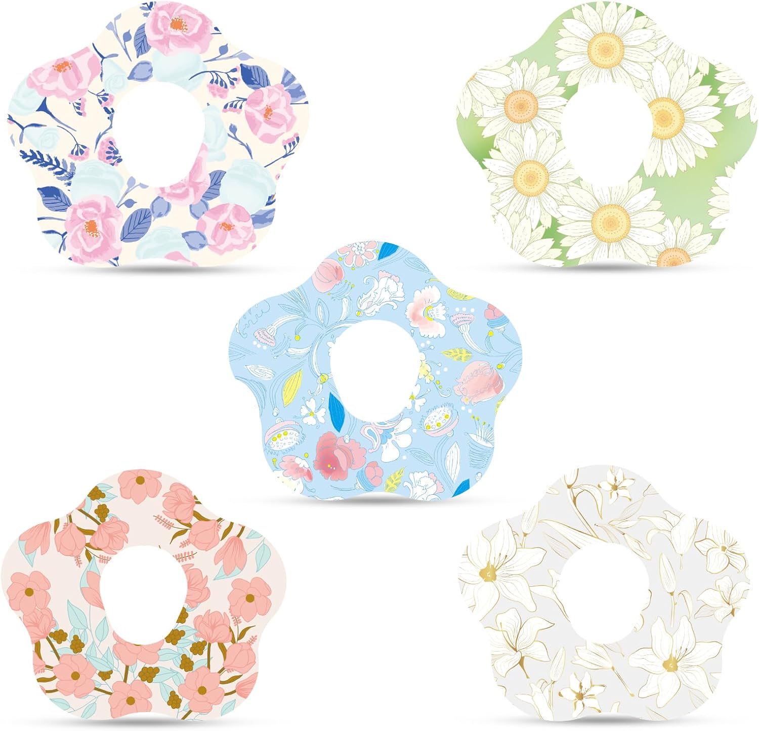 Tinoaly 25pcs Adhesive Patches for Dexcom G7, Waterproof Over Patch with Hole Sensor Covers Breathable Flower Adhesive Tape Sticker Compatible with Dexcom G7 (5 Styles)