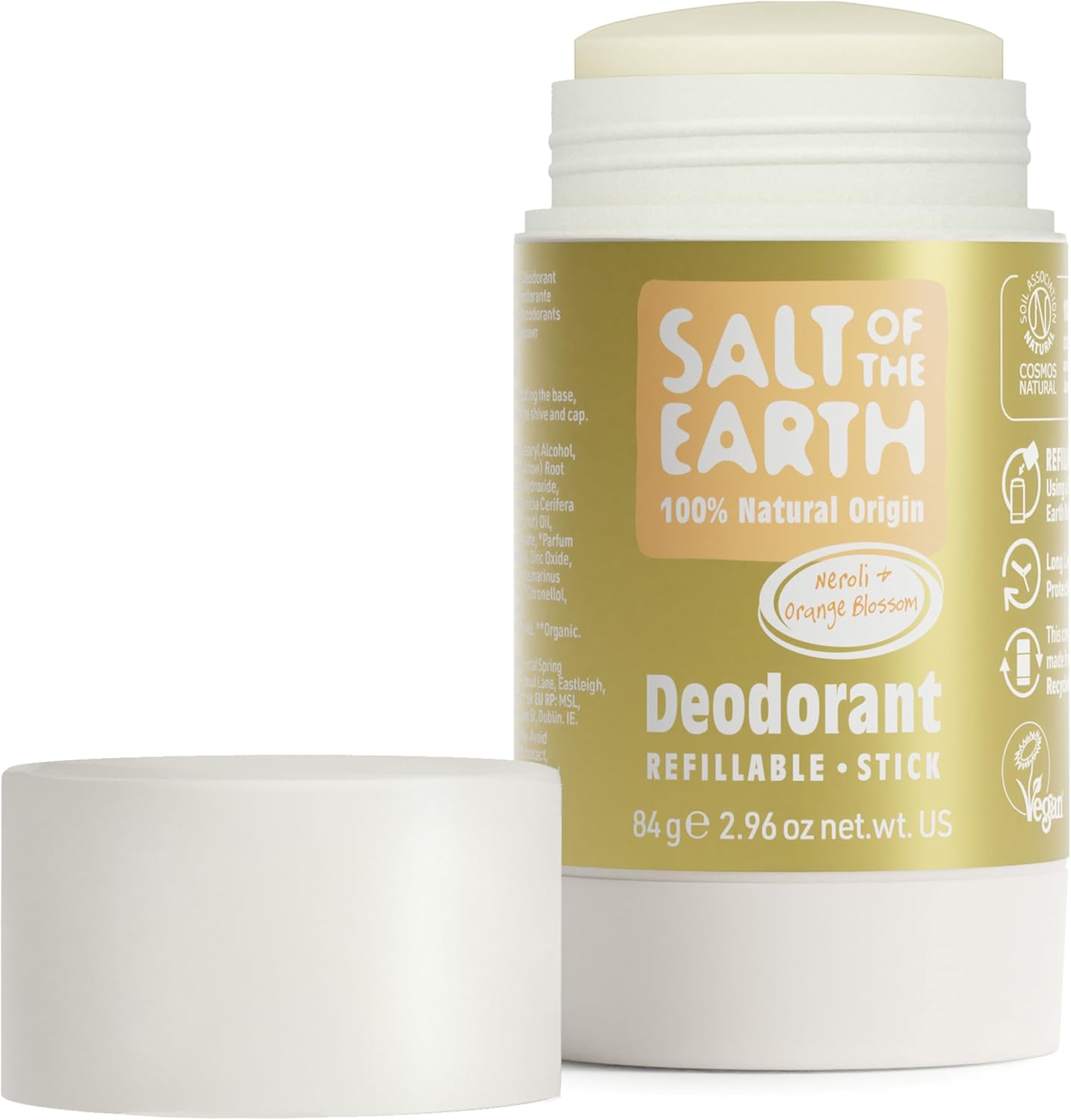 Salt of the Earth - Refillable Natural Deodorant Stick - Neroli & Orange - Aluminium Free with Natural Origin Ingredients, Vegan & Long Lasting Protection, UK Made for Women, Men & Kids - 84g