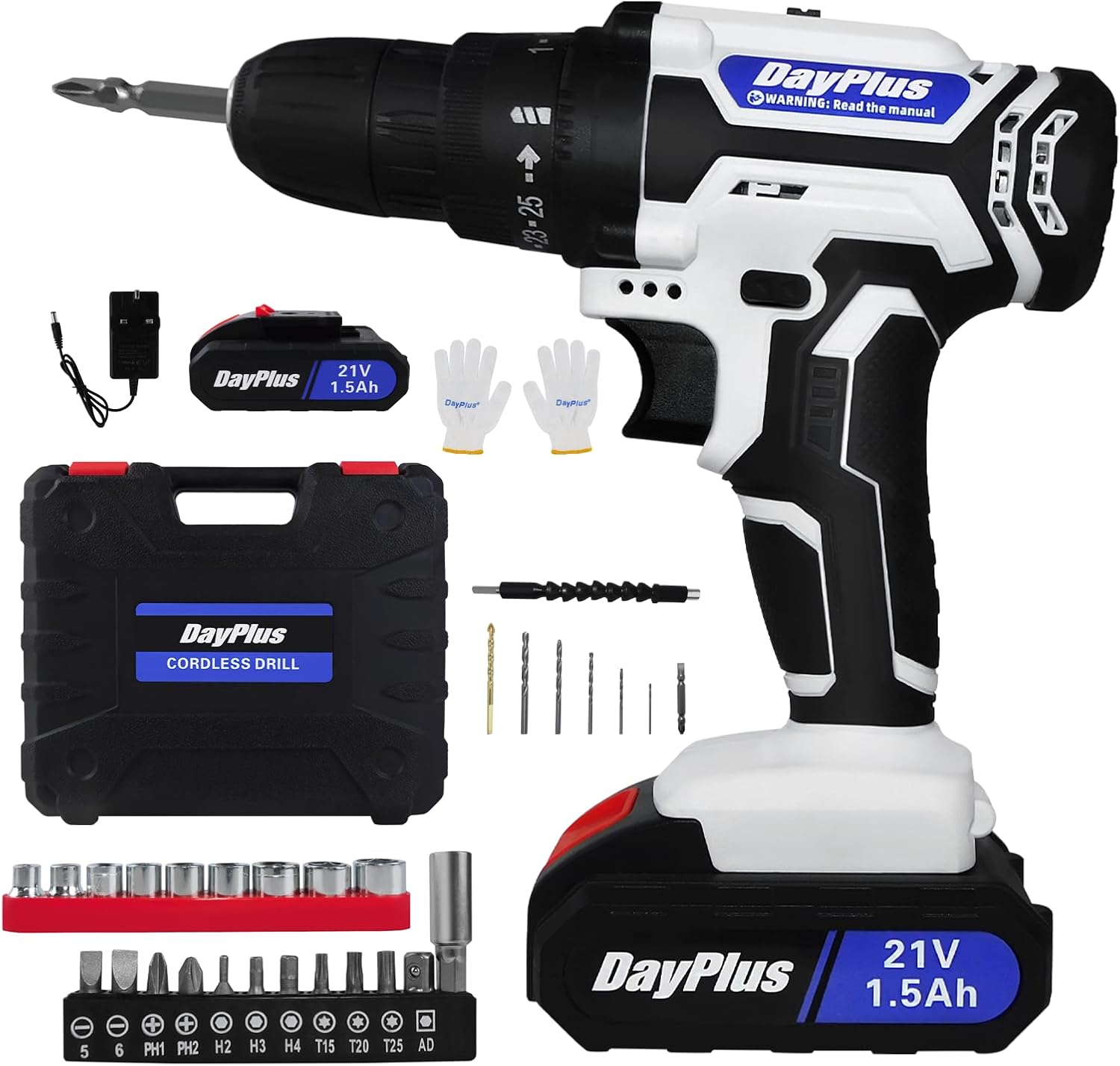 VickyHome 21V Cordless Power Drill, 2 Speed Electric Screwdriver, 45NM Torque, LED Work Light, Spirit Level, 3/8" Keyless Chuck, 26PCS Drill Bits, Carry Case