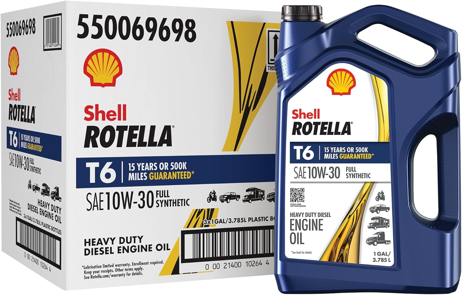 Shell Rotella T6 Full Synthetic 10W-30 Motor Oil, 1 Gallon (3 Pack)
