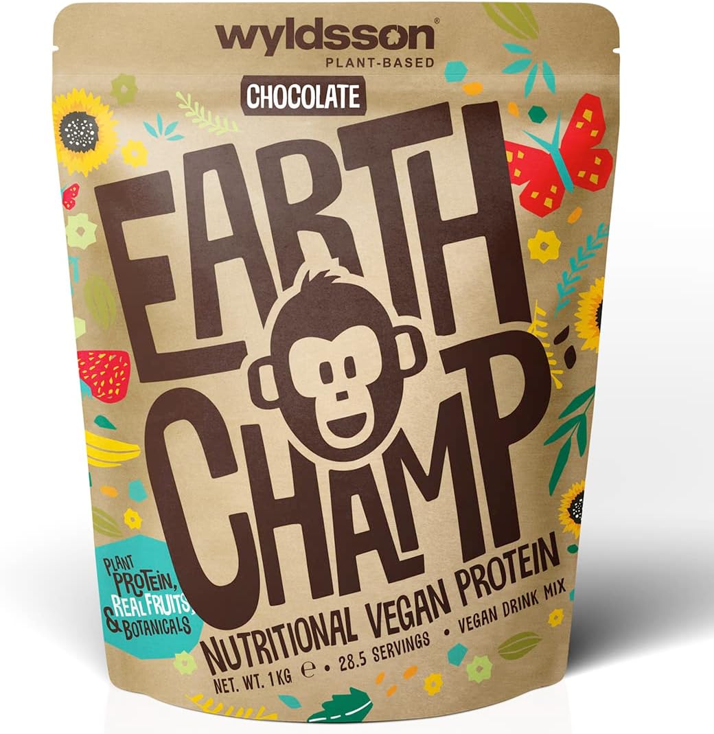 Vegan Protein Powder (1kg) - 28 Servings - EarthChamp by Wyldsson - Plant Based Chocolate Protein Powder Shake, Dairy Free, Gluten Free, Lactose Free Protien Shake (Choc)