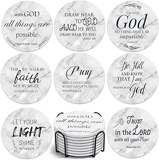 Billbotk Ceramic Coasters with Bible Verses, Coasters Set of 8 with Holder, Absorbent Drink Coasters for Home Decor and Christian Gifts, 4 Inches