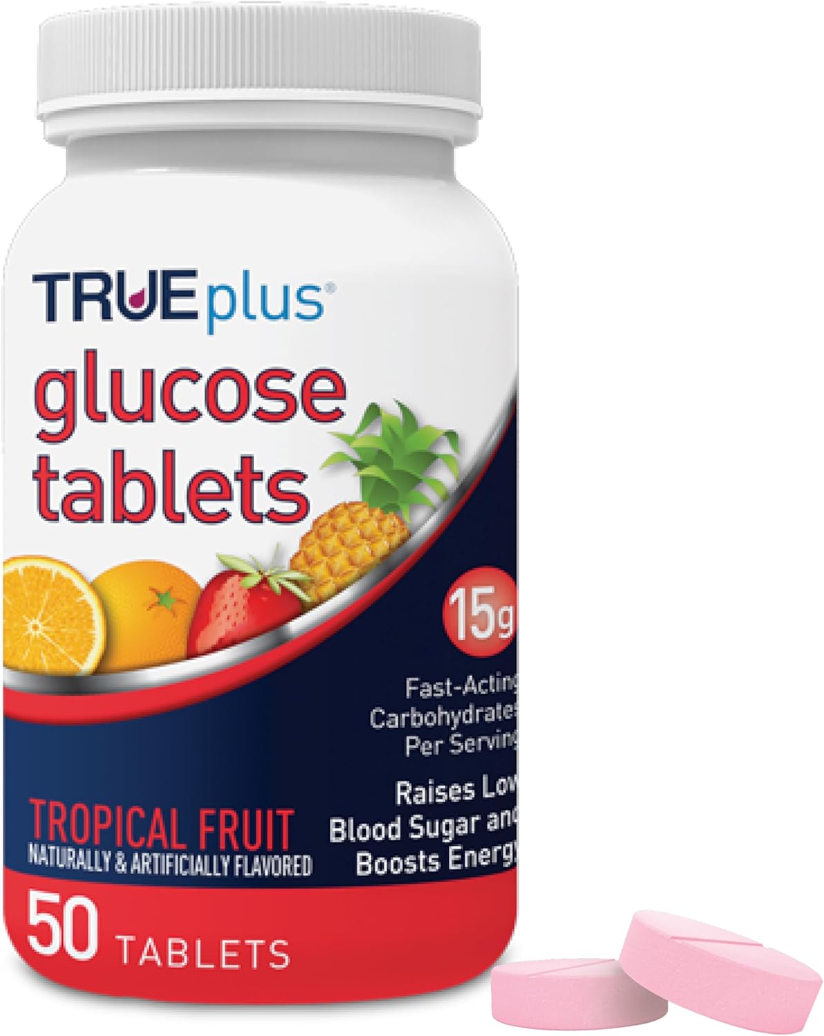 TRUEplus Glucose Tablets, Chewable, Tropical Fruit Flavor, 15g Fast-Acting Carbohydrates, Fat Free, Gluten Free, Raise Low Blood Sugar and Boost Energy, 50 Count
